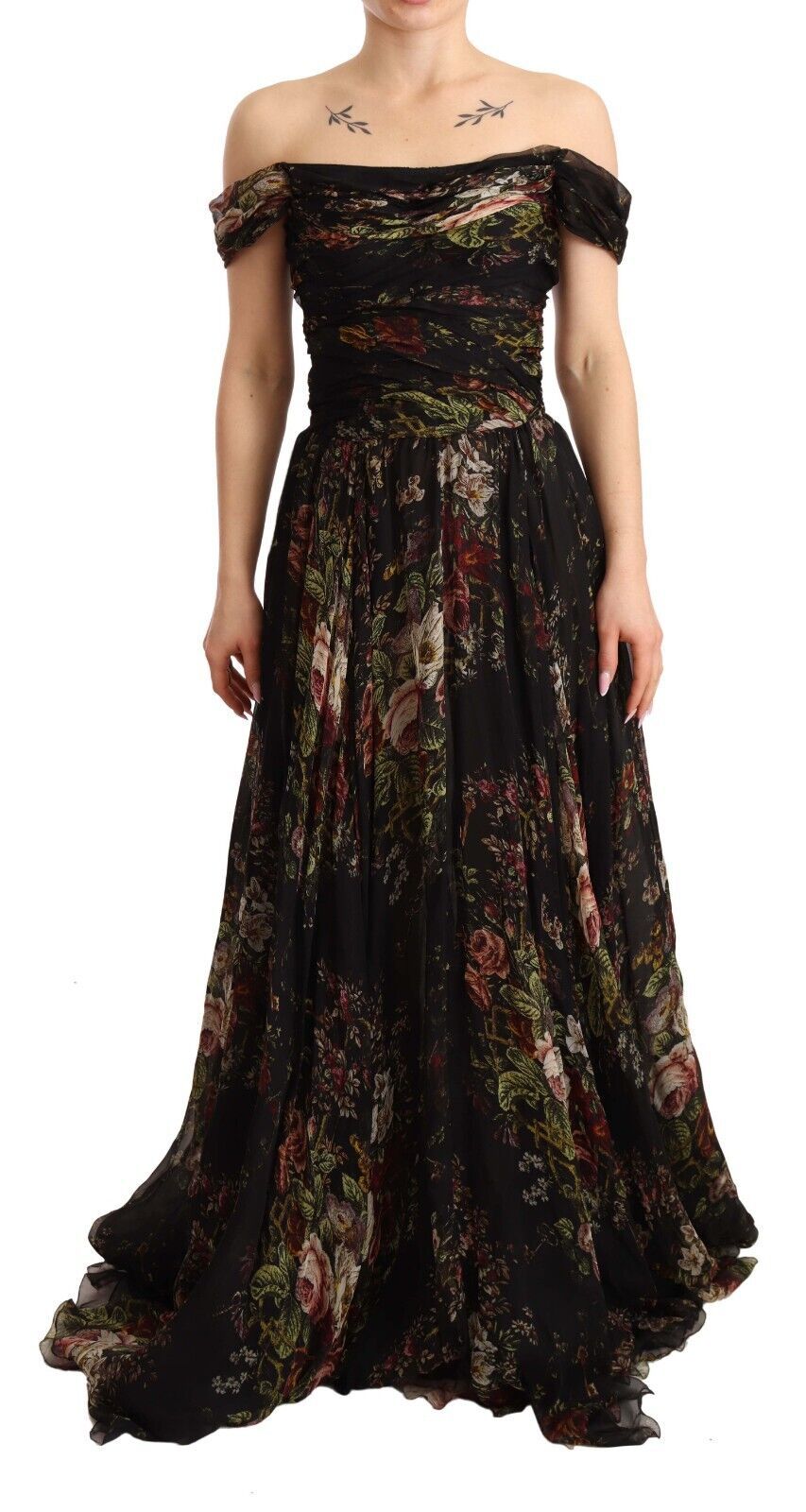 Dolce & Gabbana – Langes, schulterfreies Seidenkleid mit Blumenmuster