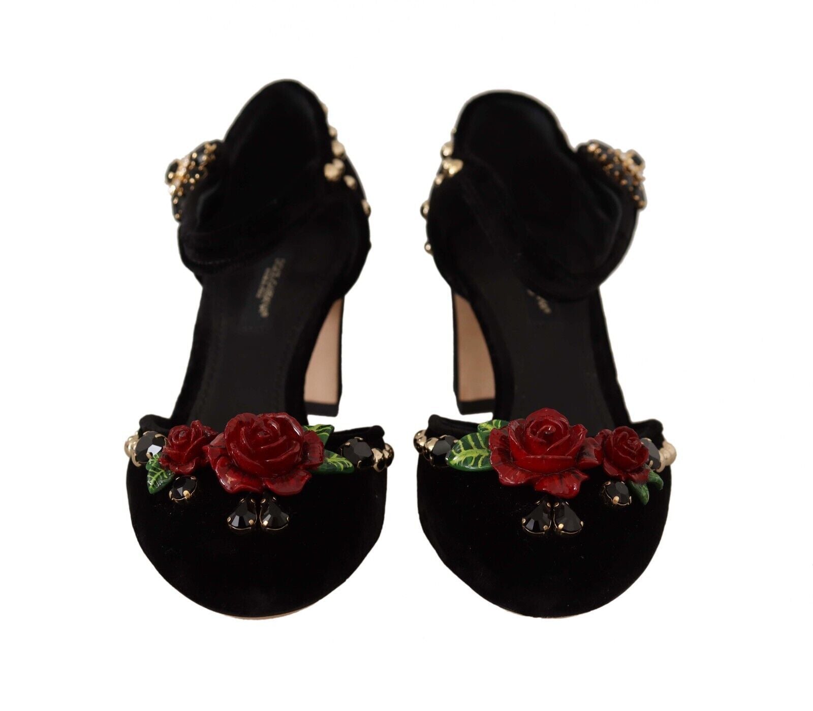 Dolce & Gabbana – Schwarze Sandalen mit Rosenabsatz und Kristallen