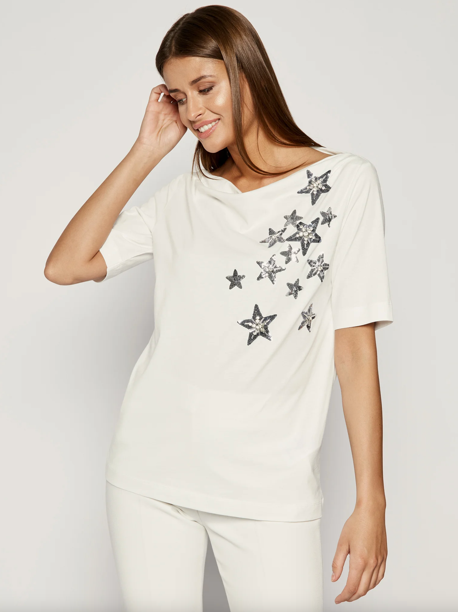 T-shirt élégant en coton blanc avec détails en strass de Liu Jo