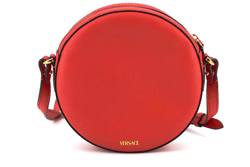 Sac à bandoulière rond élégant en cuir rouge Versace