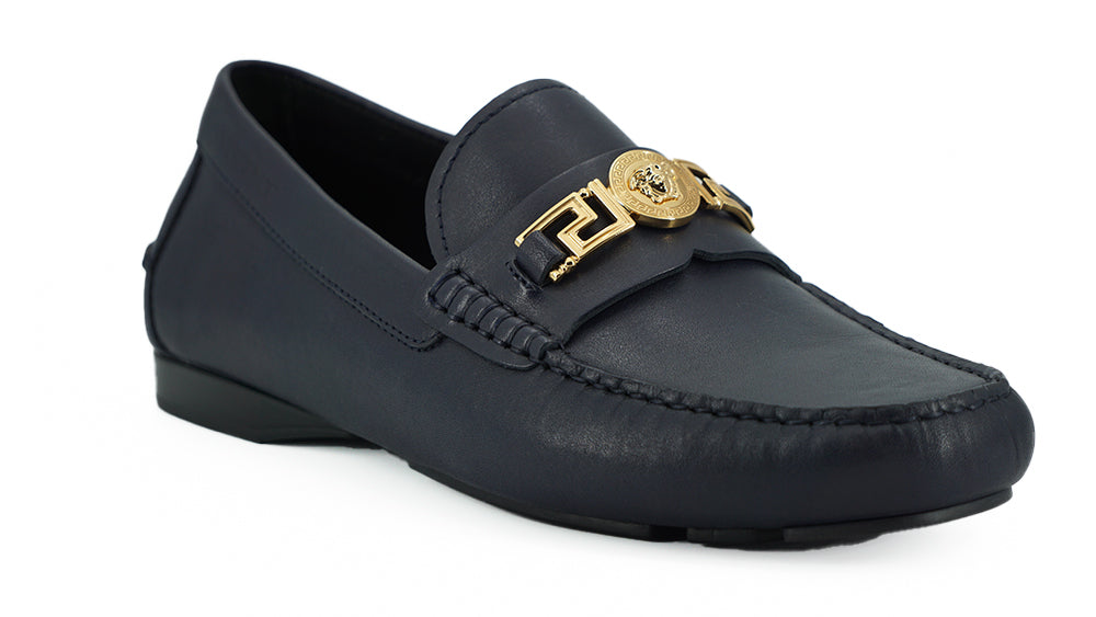 Versace Elegant Navy Blue Calf Leather Loafers