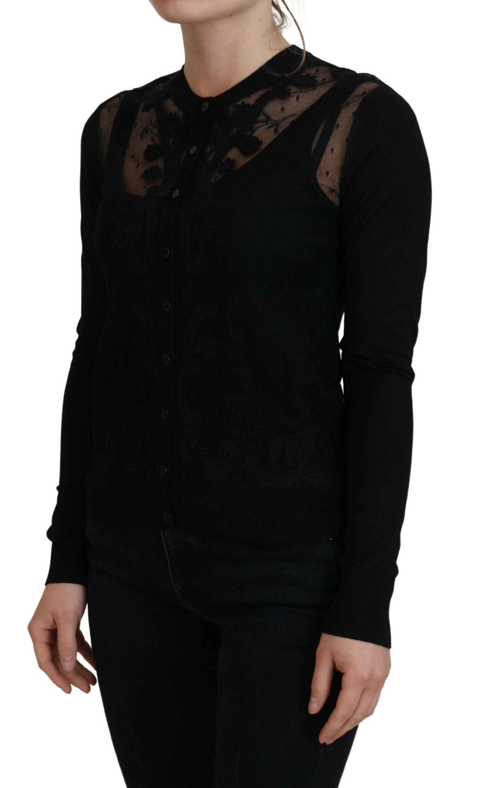 Dolce & Gabbana Eleganter schwarzer Cardigan-Pullover mit Blumenspitze