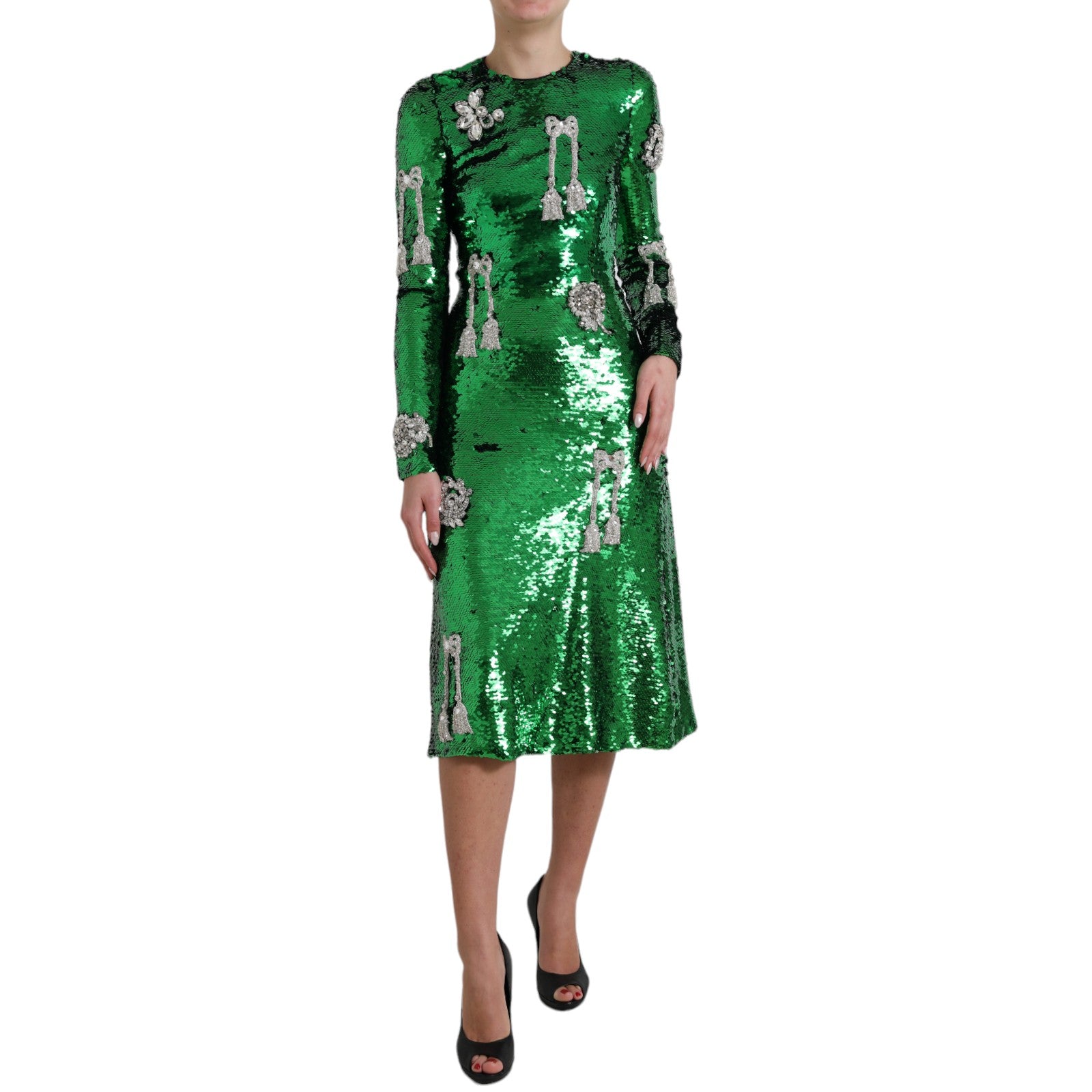 Robe verte brodée élégante au-dessous du genou de Dolce & Gabbana