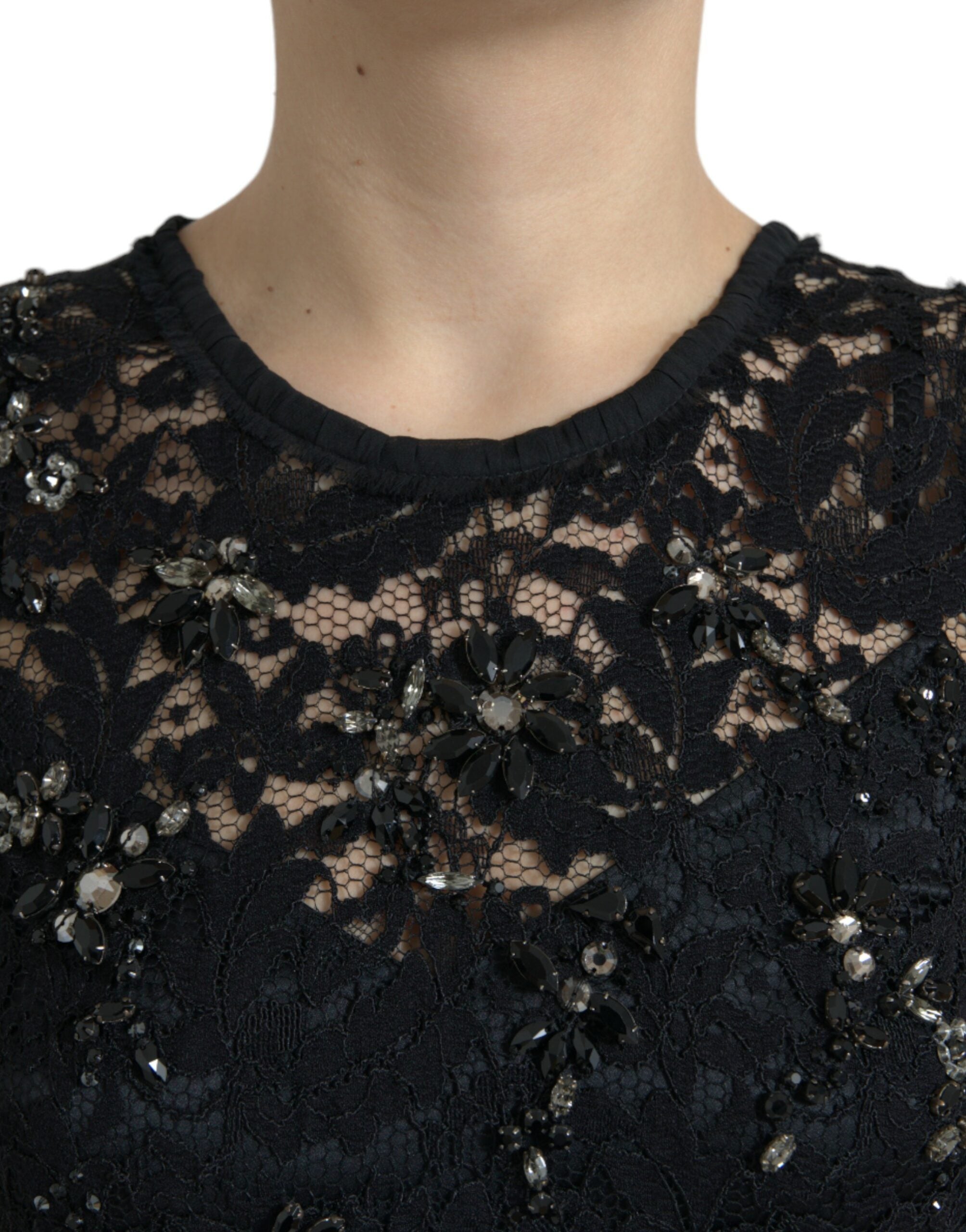 Robe fourreau en dentelle florale noire et cristaux Dolce & Gabbana