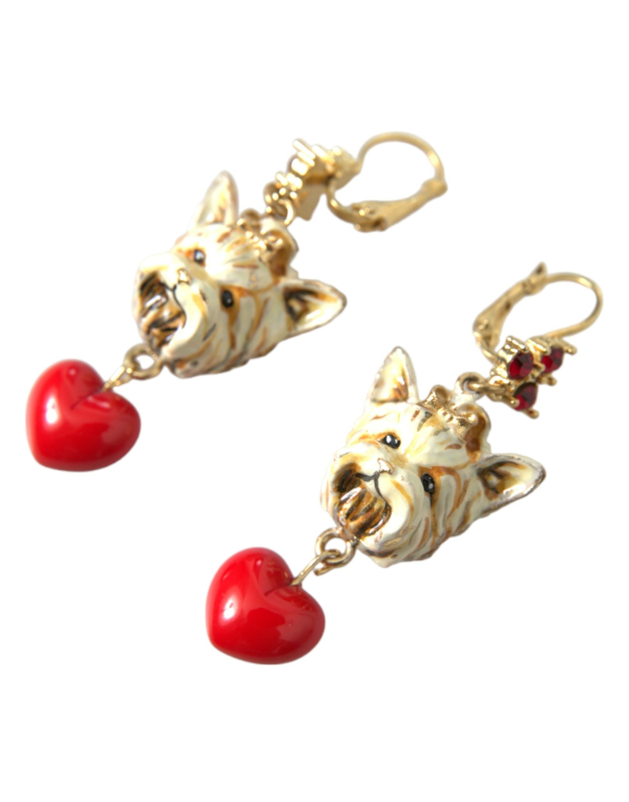 Boucles d'oreilles pendantes en laiton doré avec cœur et cristal rouge Dolce & Gabbana