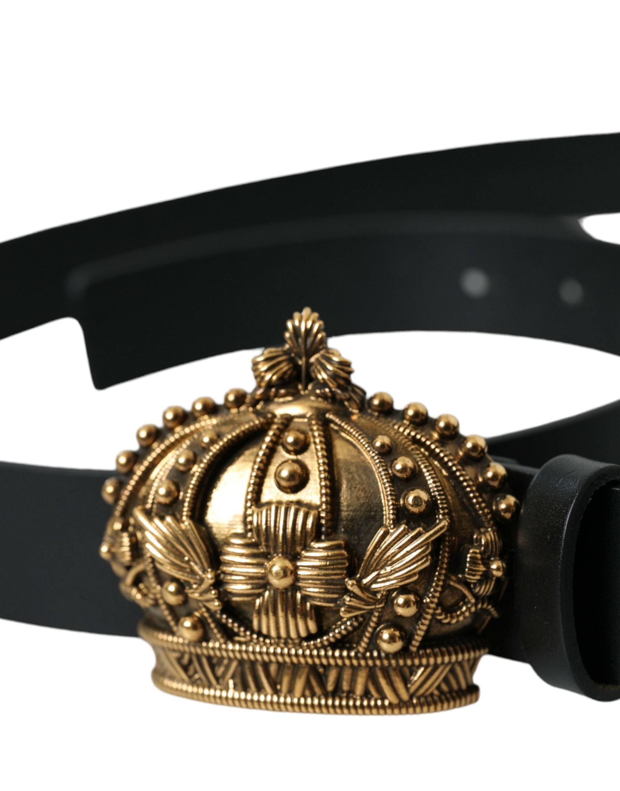 Dolce & Gabbana Black Leather Gold Crown Metal Buckle Belt