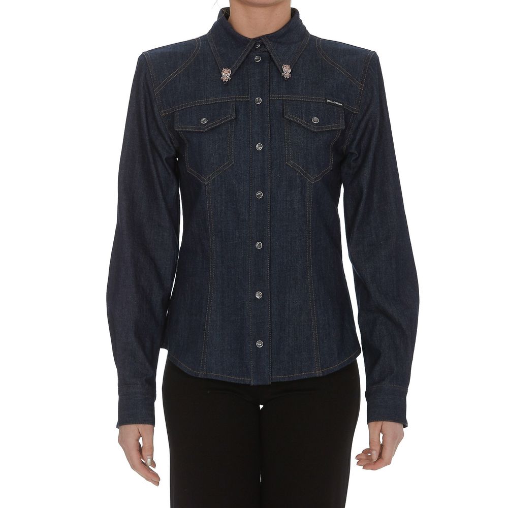 Dolce & Gabbana Elegant Blue Denim Rhinestone Collared Shirt