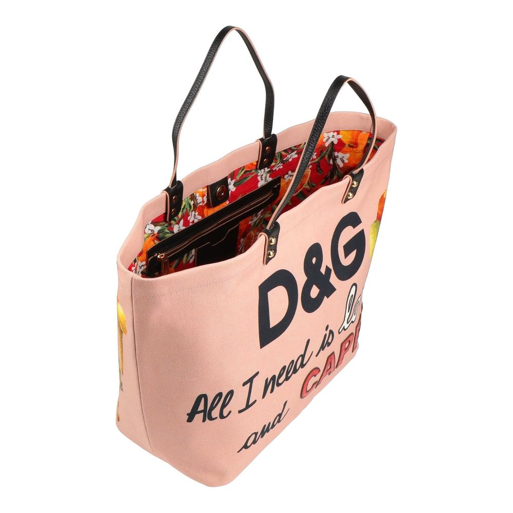 Sac cabas élégant en coton rose Dolce & Gabbana avec détails en cuir de veau