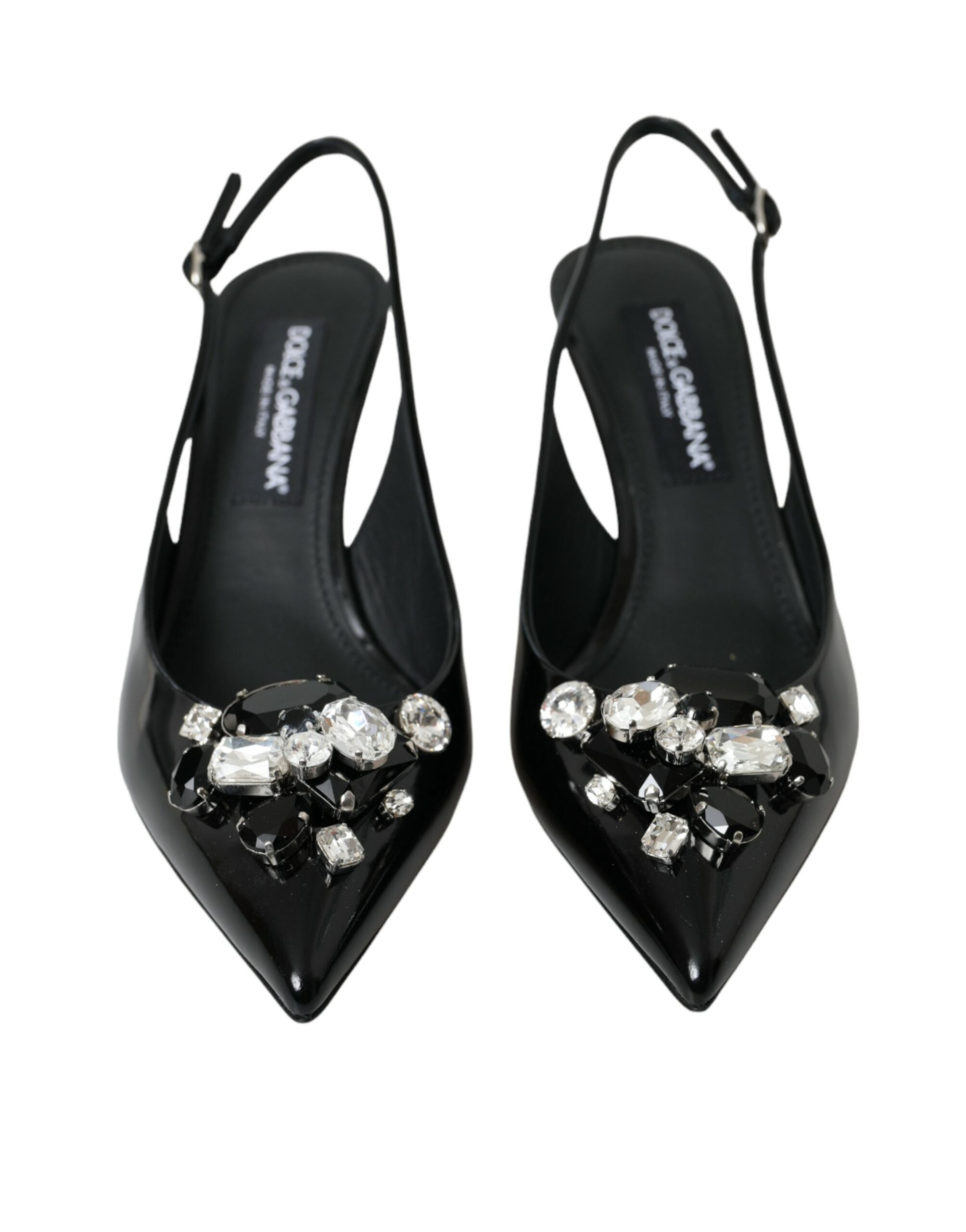 Dolce & Gabbana – Slingback-Schuhe aus schwarzem Lackleder mit Kristallen