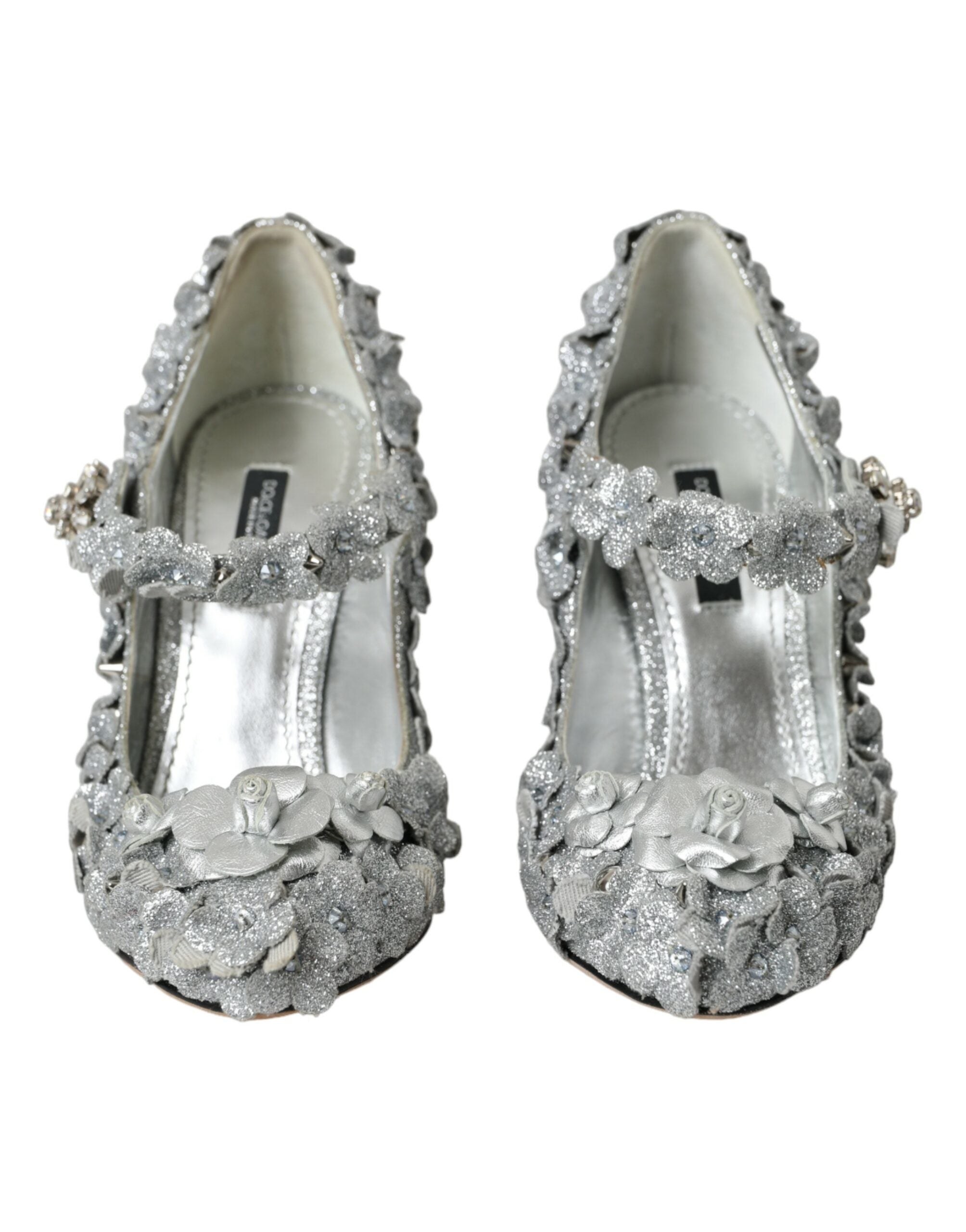 Dolce & Gabbana – Mary-Jane-Pumps mit Blumenmuster und Kristallen in Silber