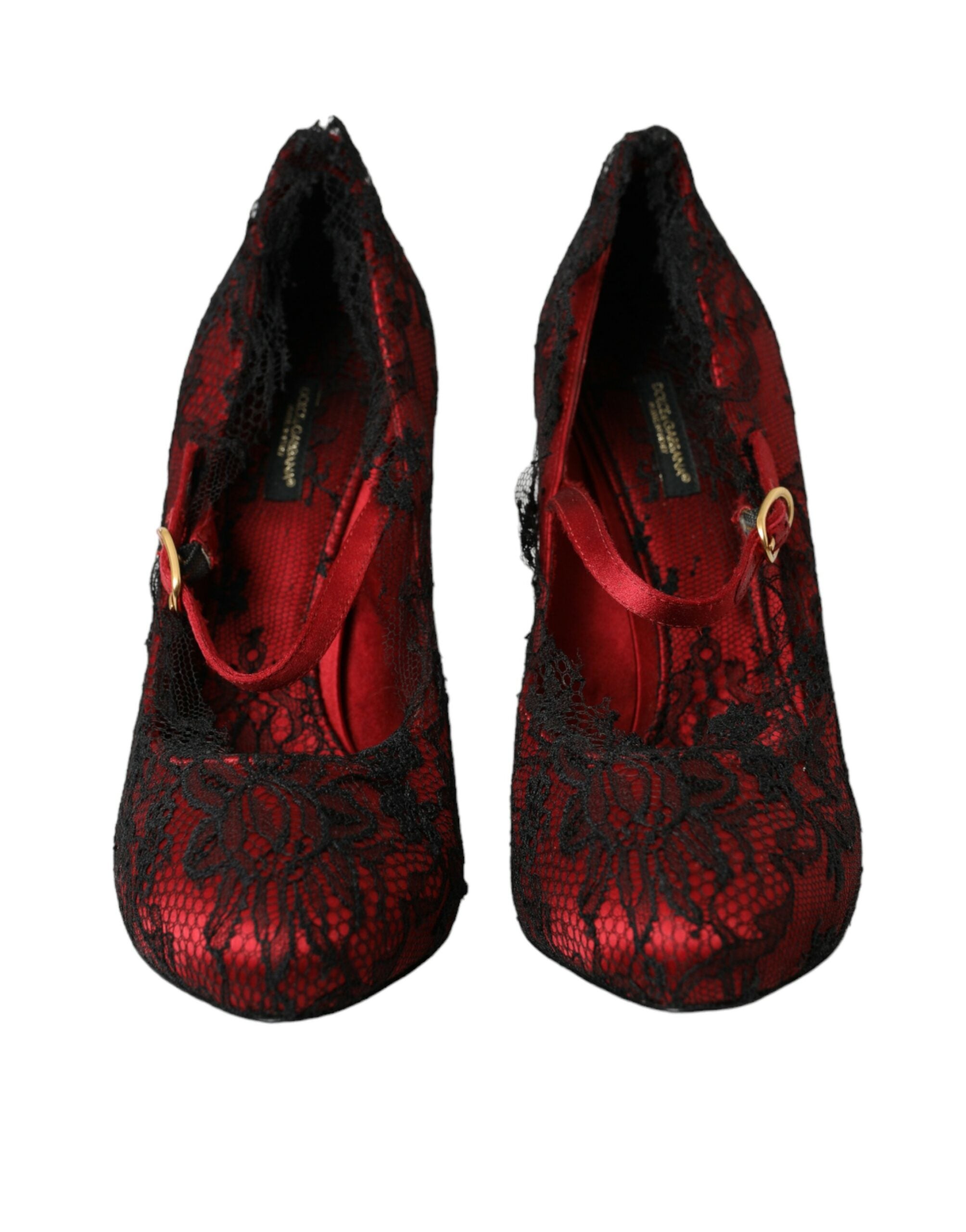 Dolce & Gabbana – Rote und schwarze Mary-Jane-Pumps mit Blumenspitze