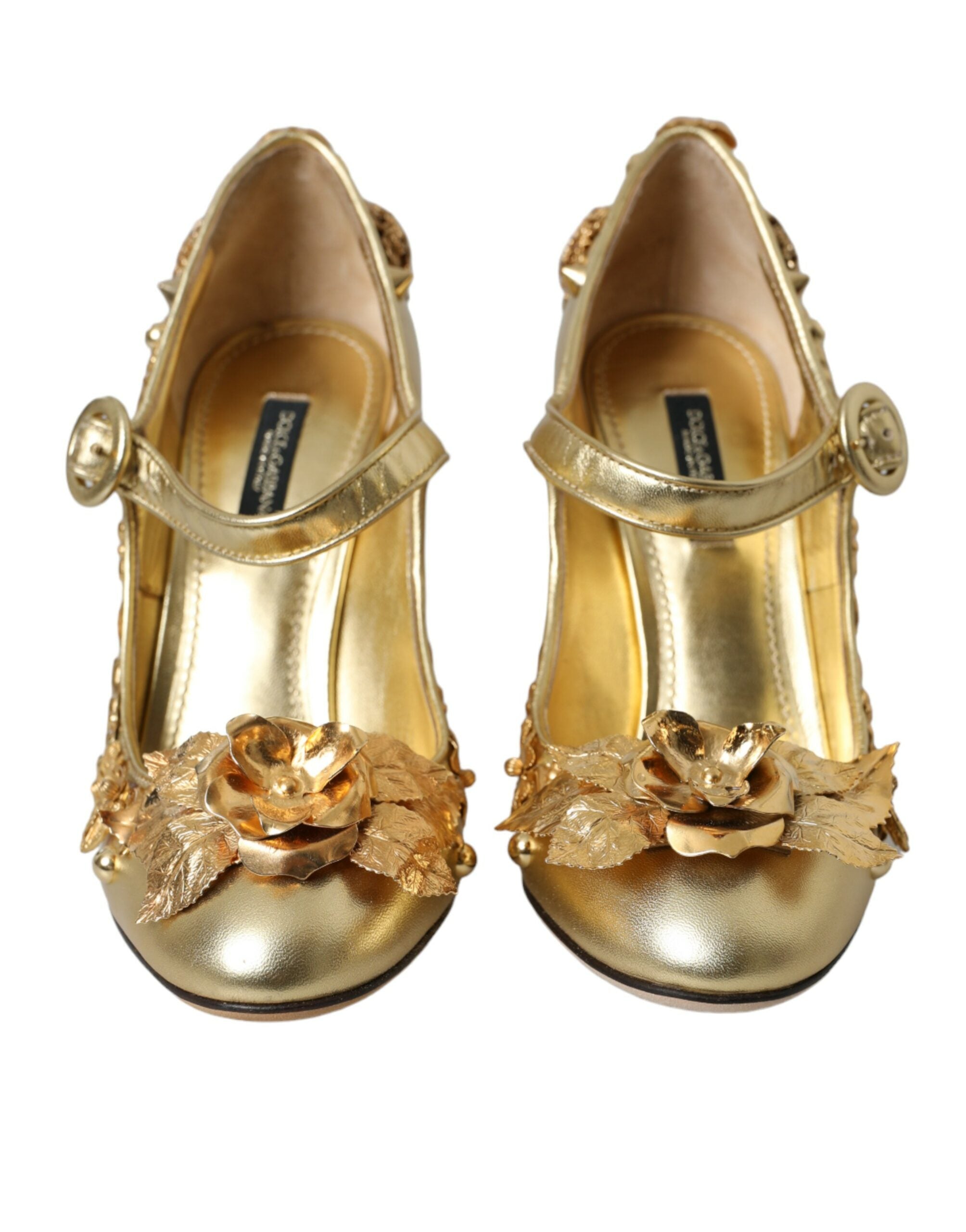 Dolce & Gabbana – Mary Janes-Pumps aus goldenem Leder mit Kristallen