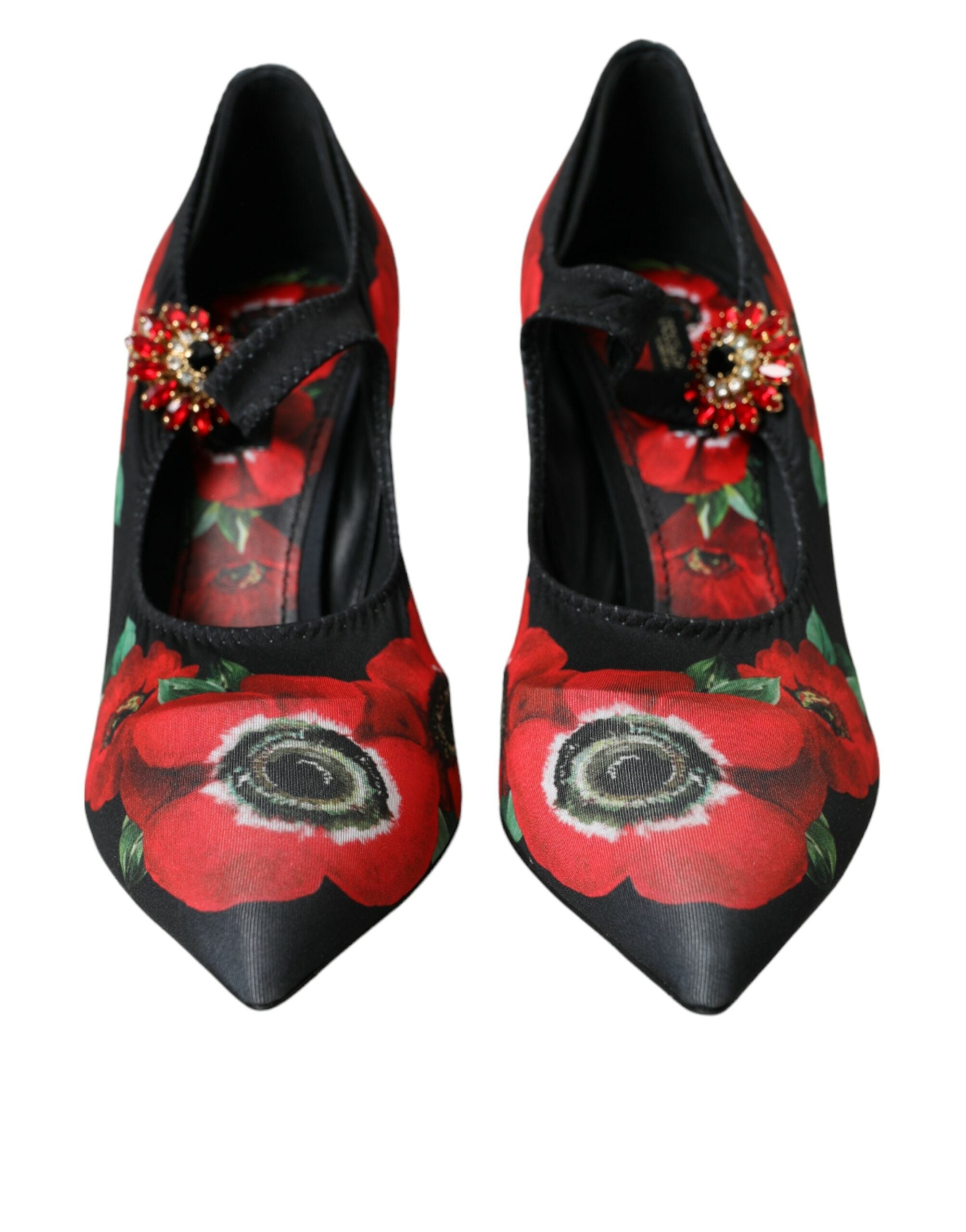 Dolce & Gabbana – Schwarze Mary-Jane-Pumps mit Blumenmuster und Kristallen