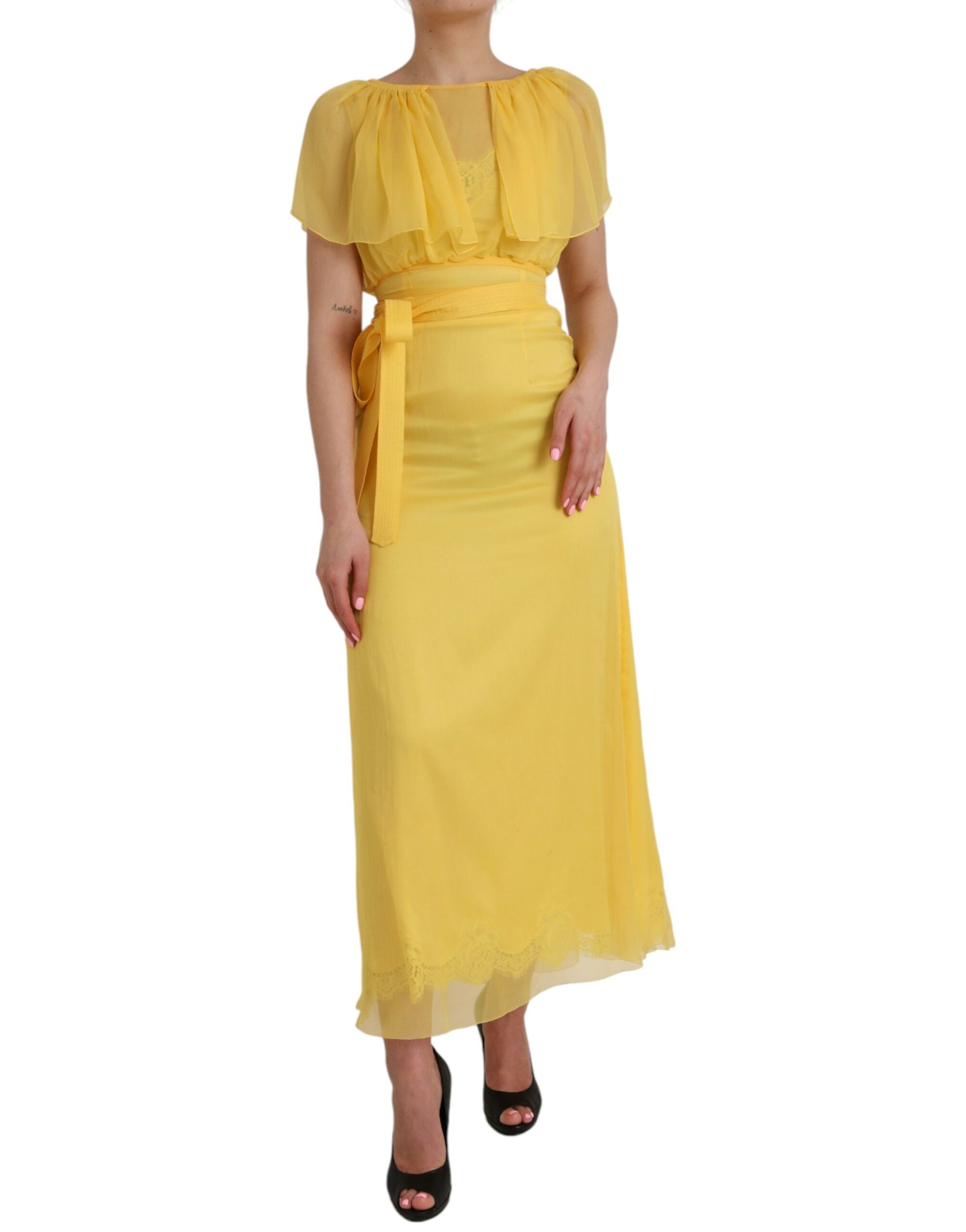 Robe longue fourreau en soie jaune Dolce & Gabbana avec ceinture