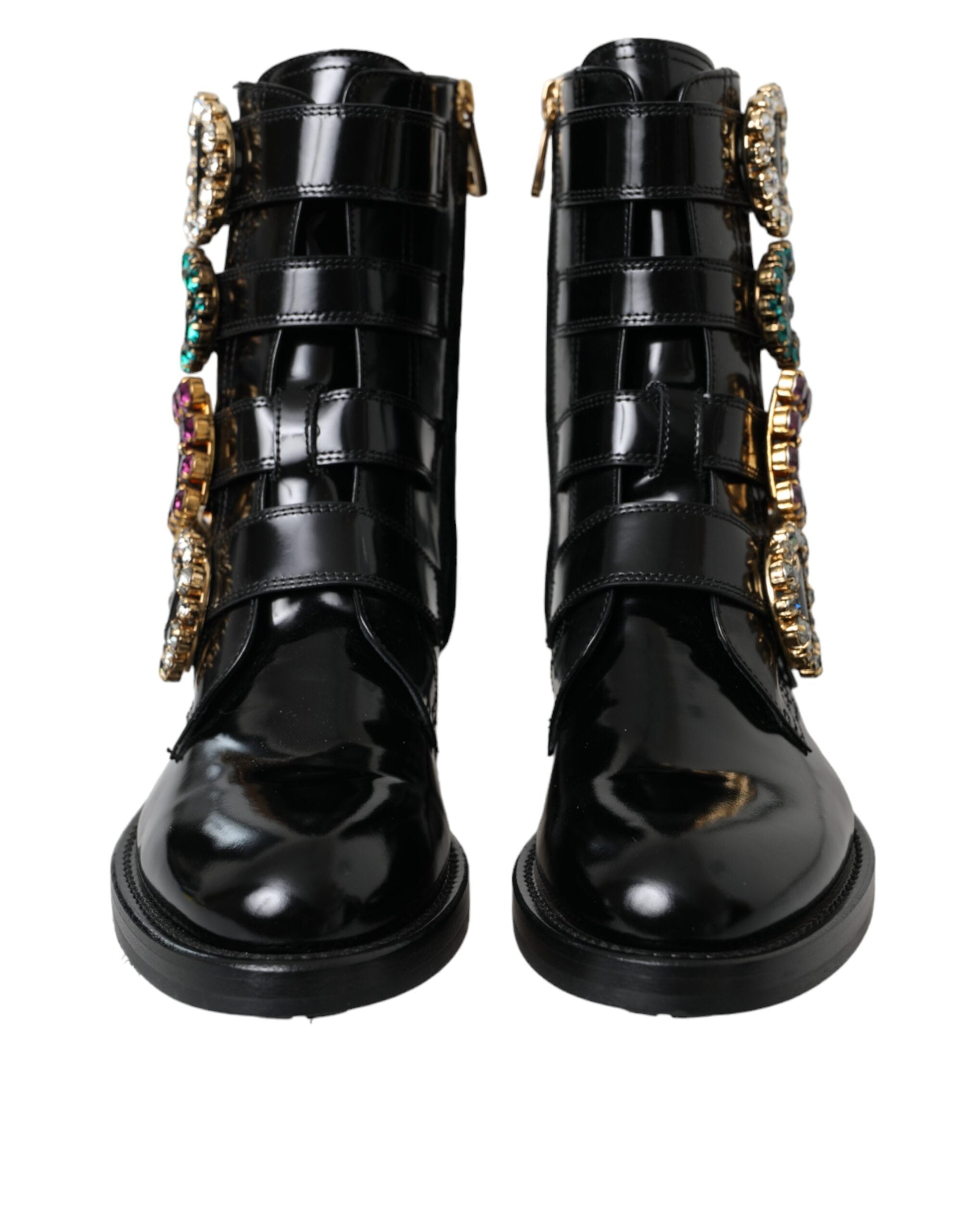 Chaussures bottines en cuir noir à boucles en cristal Dolce & Gabbana