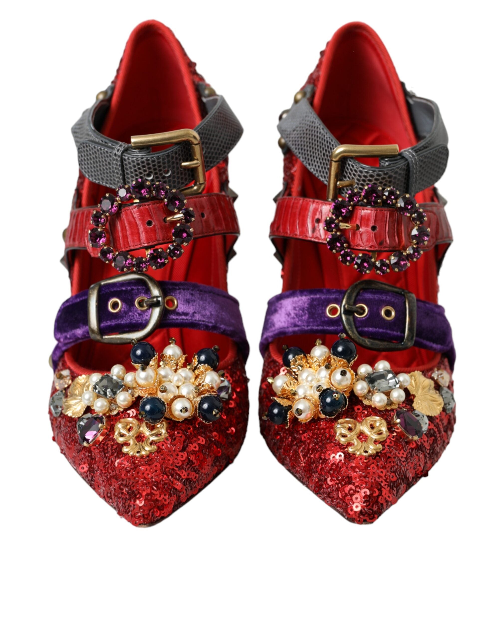 Dolce & Gabbana – Rote Mary-Janes-Pumps mit Pailletten und Kristallen