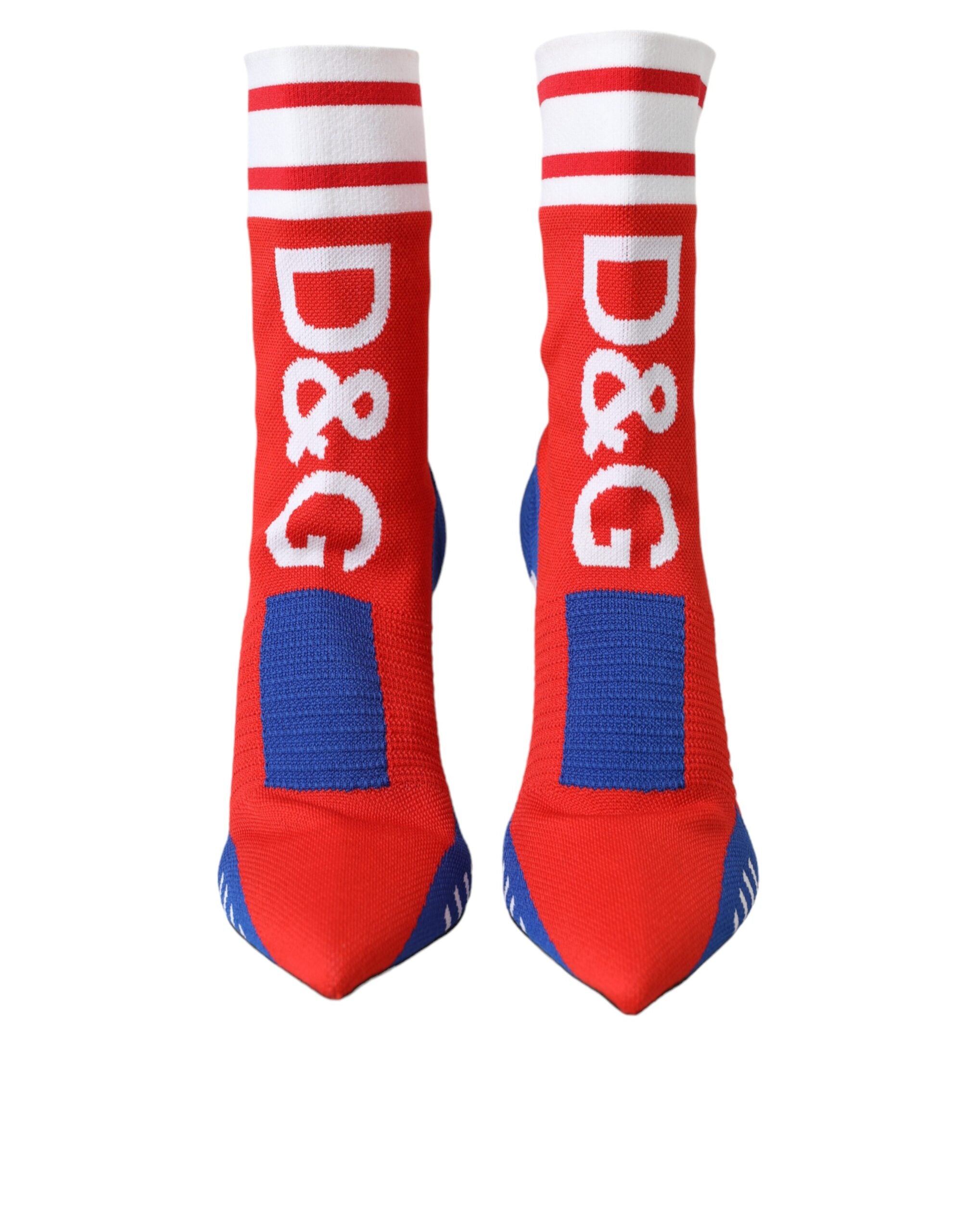 Dolce & Gabbana – Rote und blaue Stretch-Stiefeletten im Sockenstil mit Logo