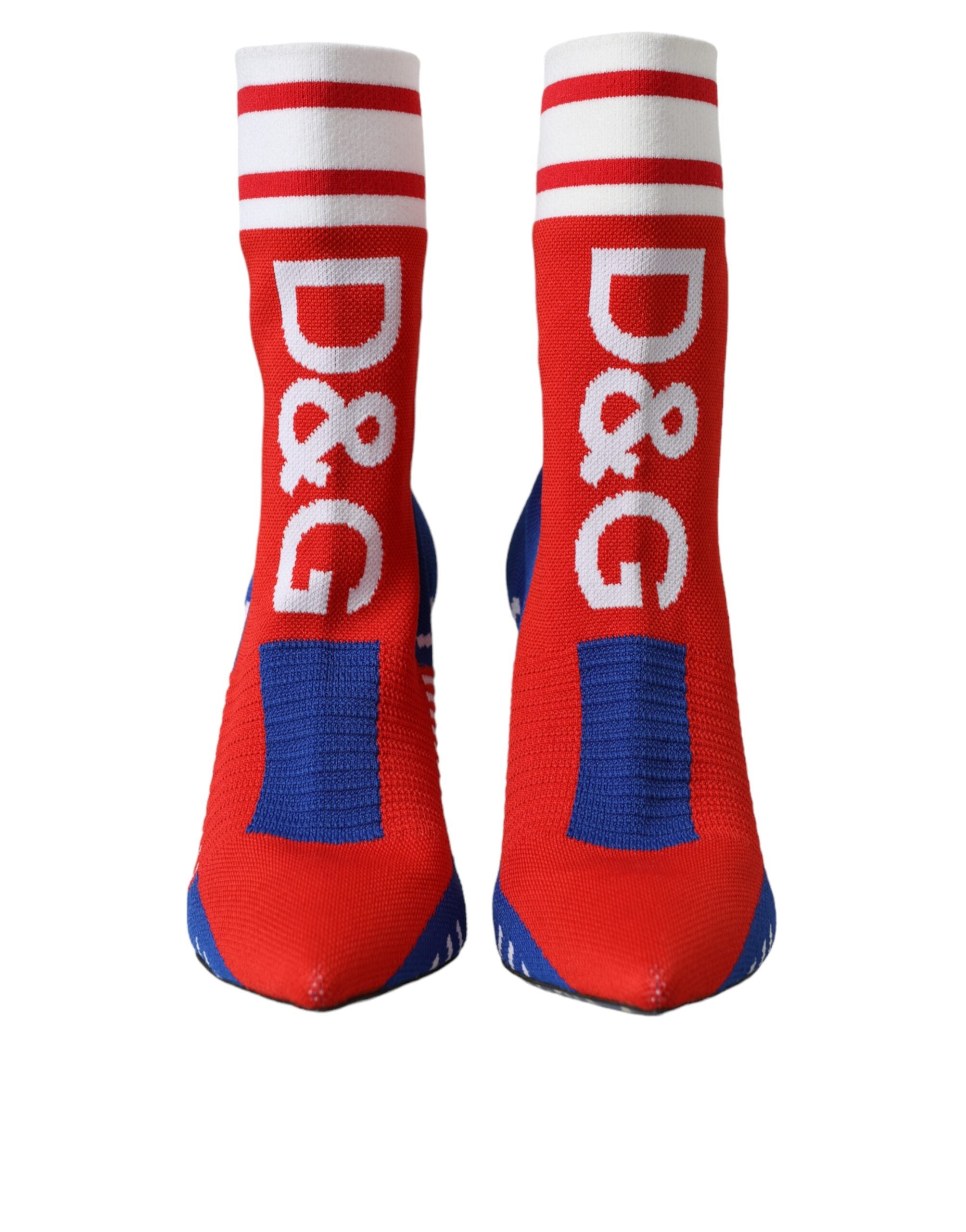 Dolce & Gabbana – Rote und blaue Stretch-Stiefel im Sockenstil mit Logo