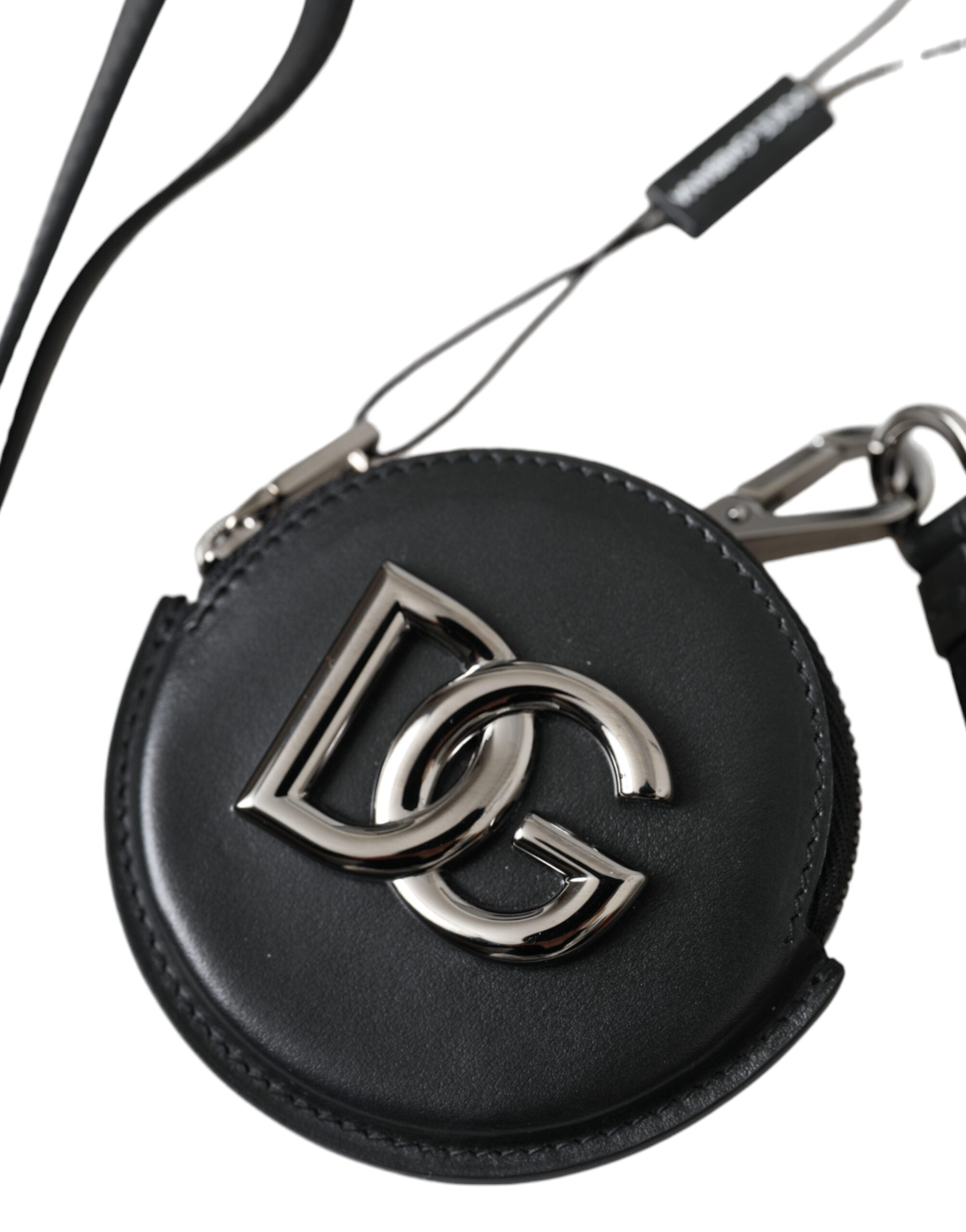 Porte-monnaie rond en cuir noir Dolce & Gabbana avec logo DG