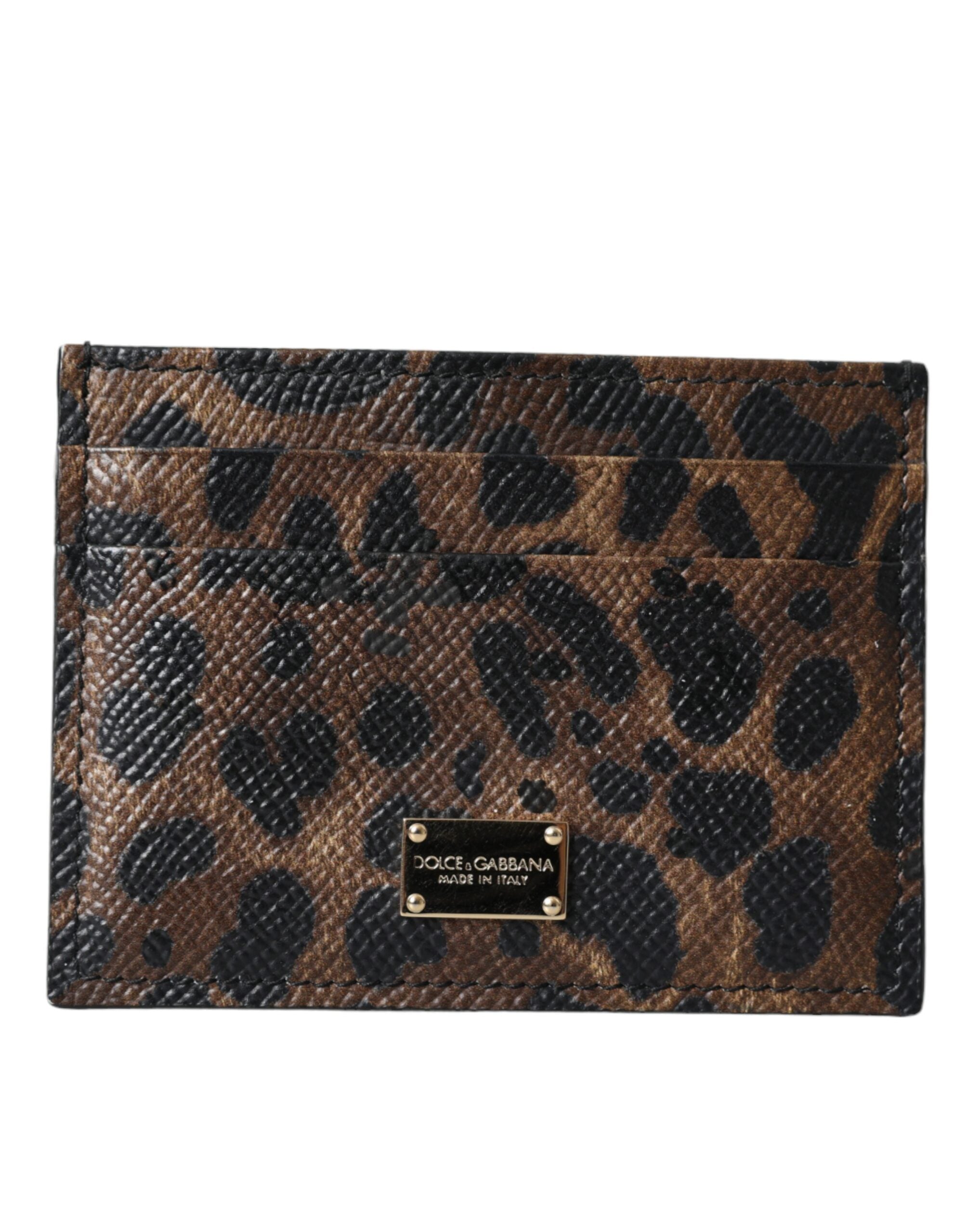 Portefeuille porte-cartes pour femme Dolce & Gabbana en cuir marron avec plaque logo léopard