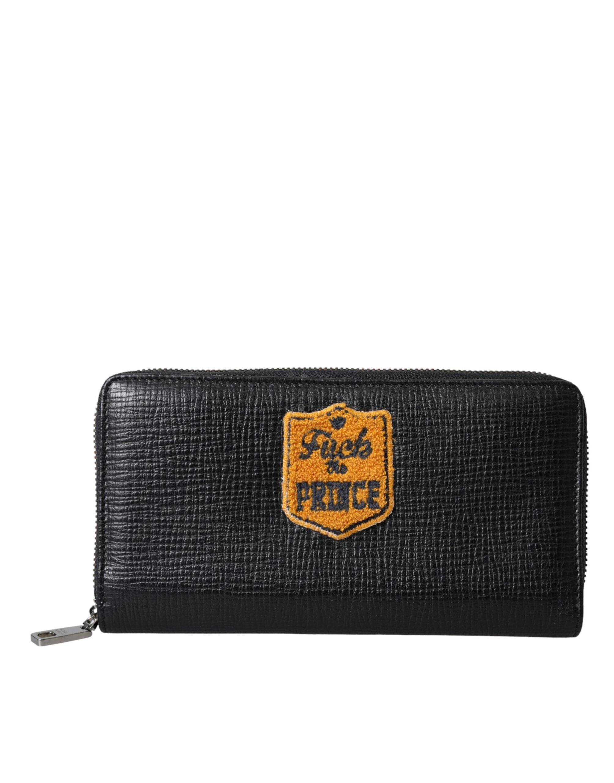 Portefeuille continental zippé en cuir noir avec patch logo Dolce & Gabbana