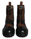 Dolce & Gabbana Brown Suede Camouflage Leather Combat Boots Shoes