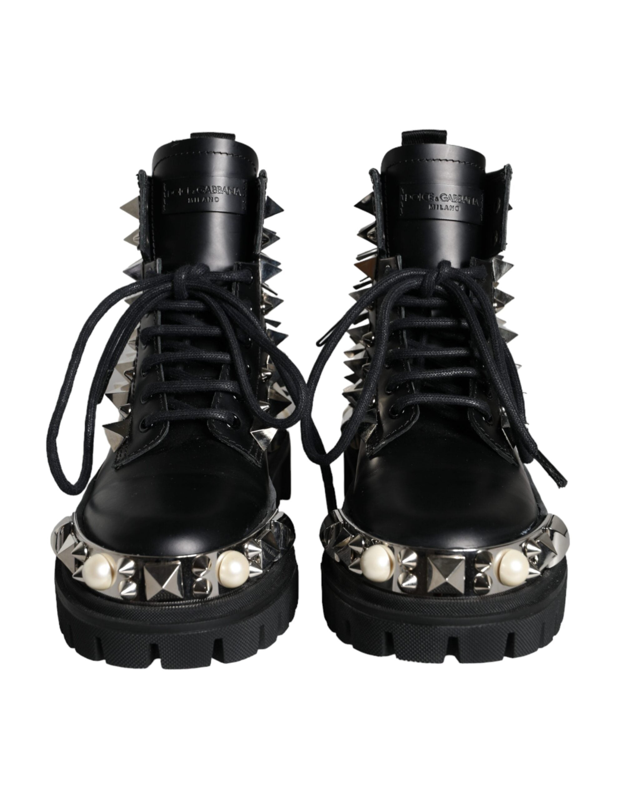 Bottines de combat en cuir noir ornées de clous Dolce & Gabbana