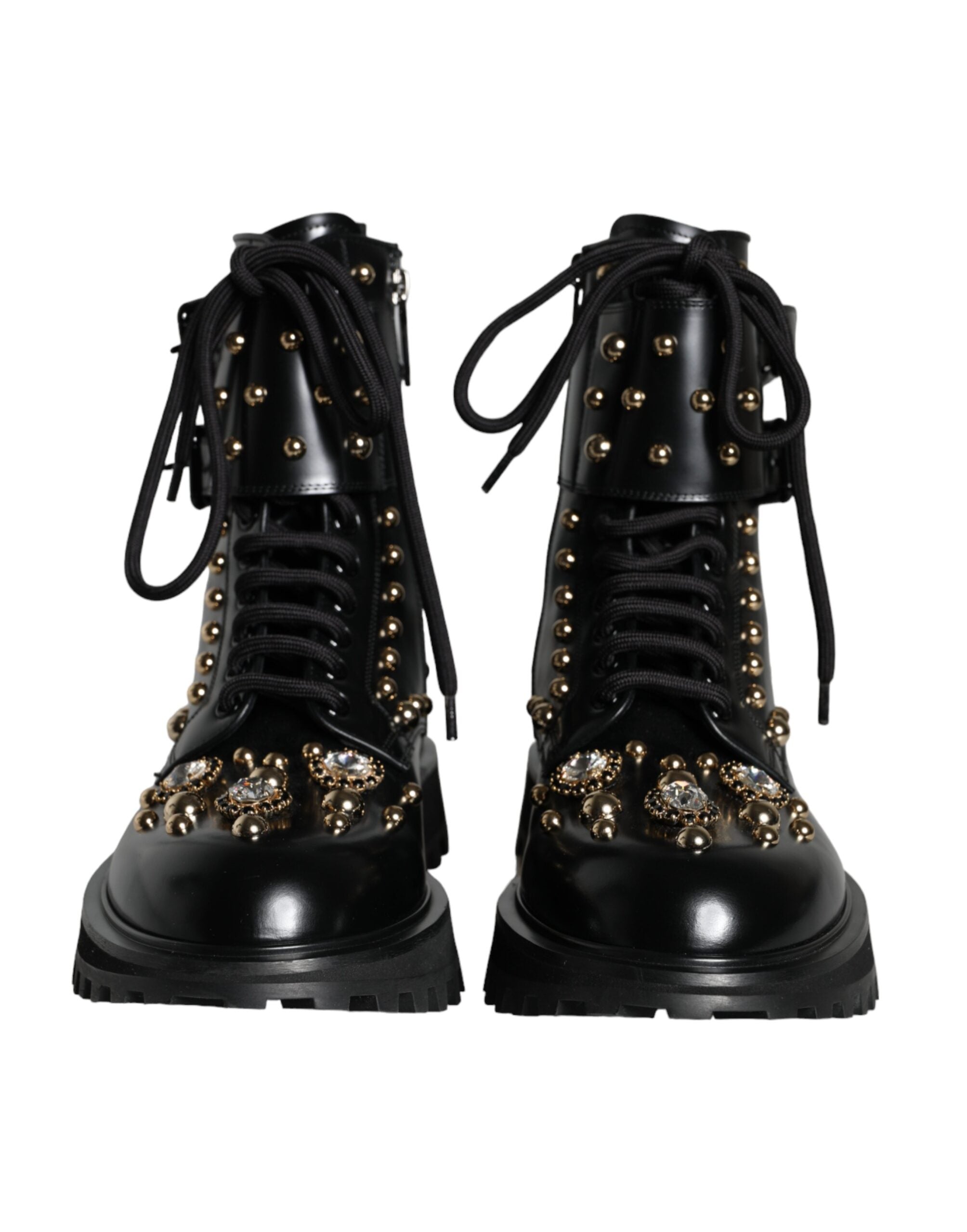 Dolce & Gabbana – Mit Nieten verzierte Kampfstiefel aus schwarzem Leder