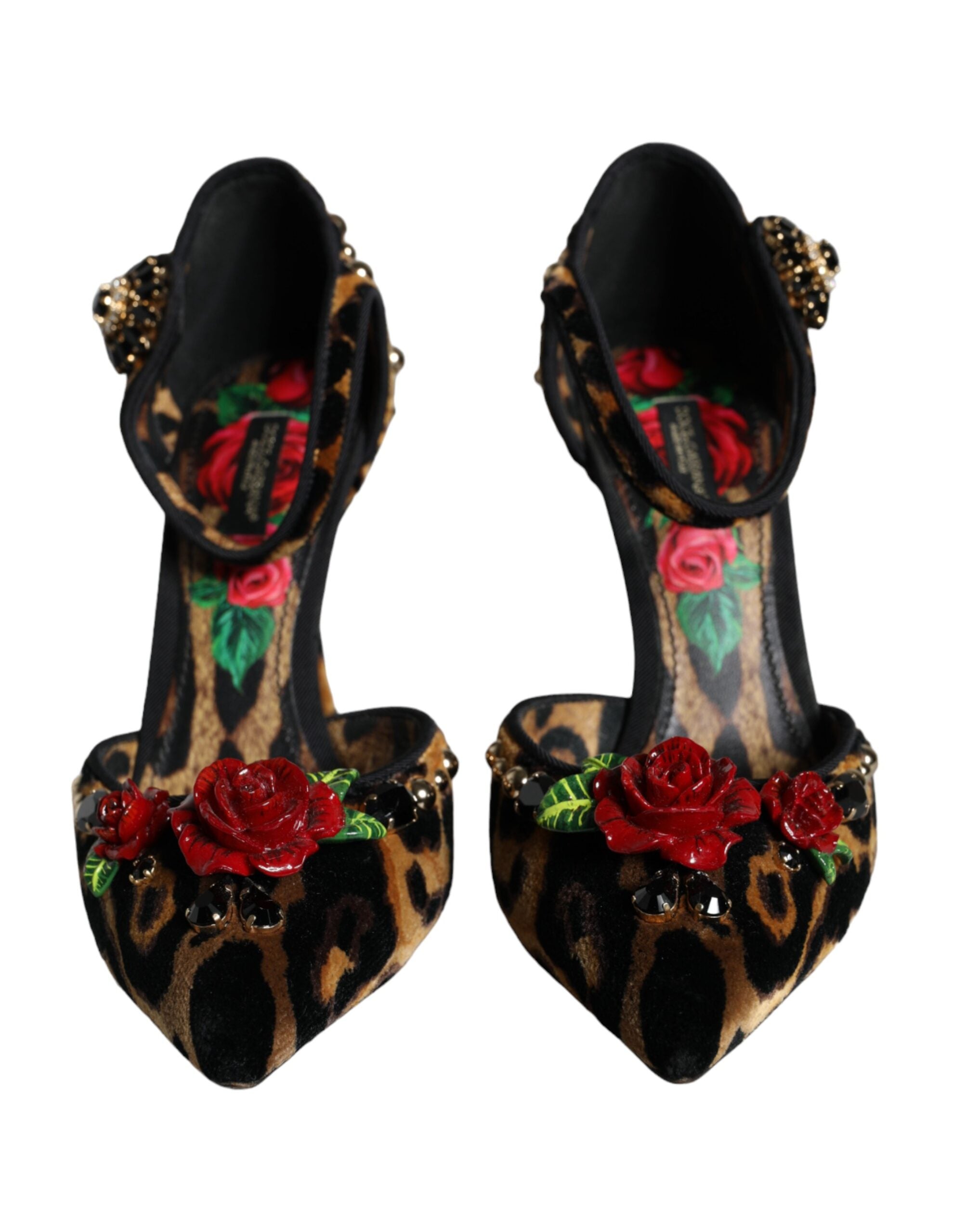 Dolce & Gabbana – Pumps mit Knöchelriemen und Leopardenmuster in Braun mit Blumenmuster und Kristallen