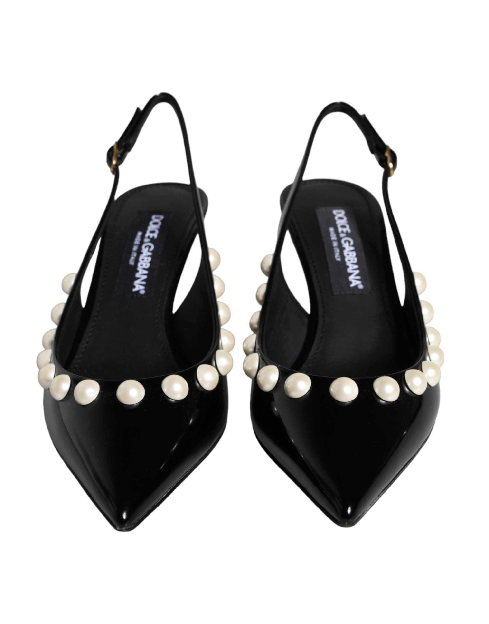 Chaussures à talon et bride arrière en cuir noir Dolce & Gabbana avec perles synthétiques