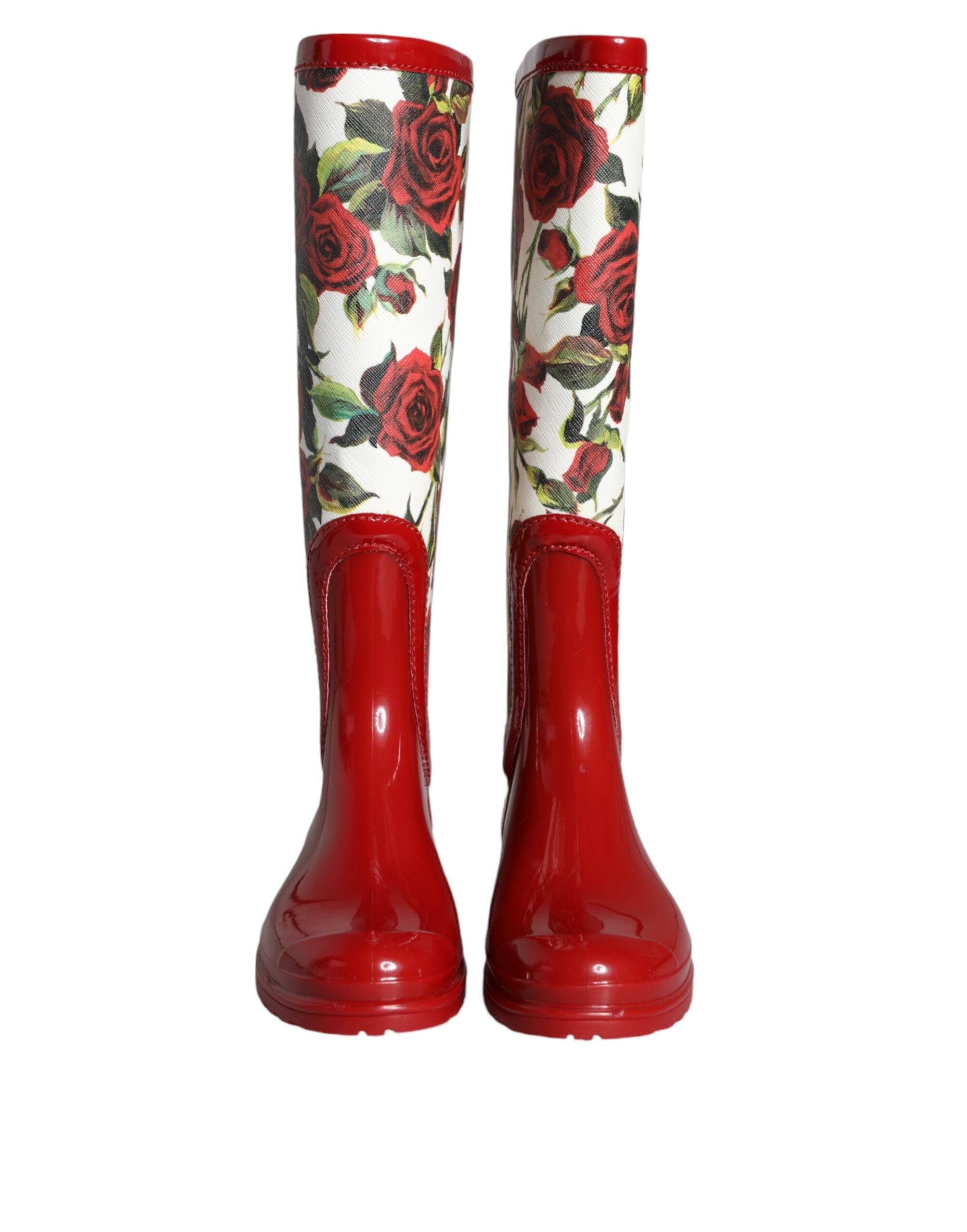 Dolce & Gabbana Rote, kniehohe, flache Stiefel aus Gummi mit Blumenmuster