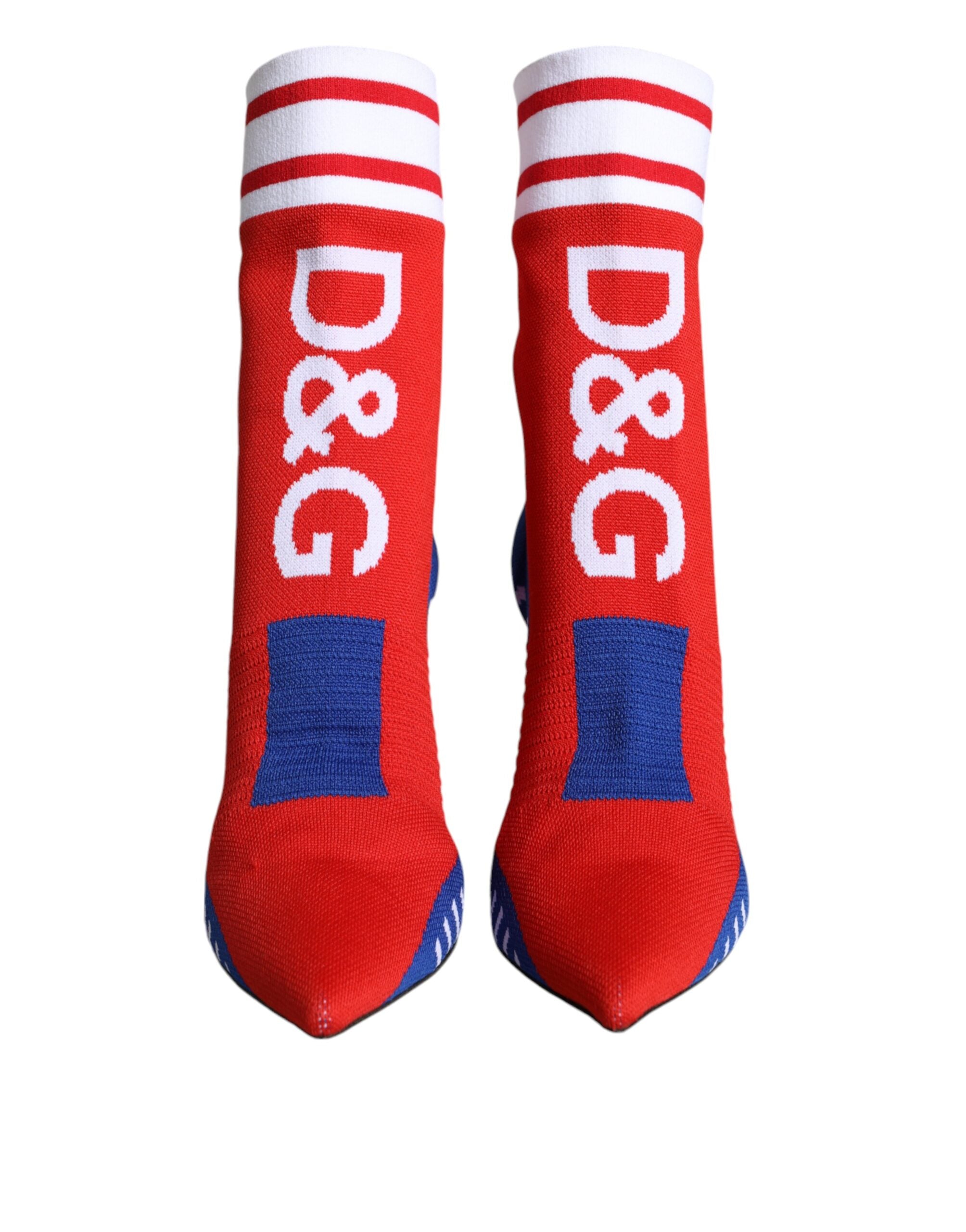 Dolce & Gabbana – Rote und blaue Stretch-Stiefeletten im Sockenstil mit Logo