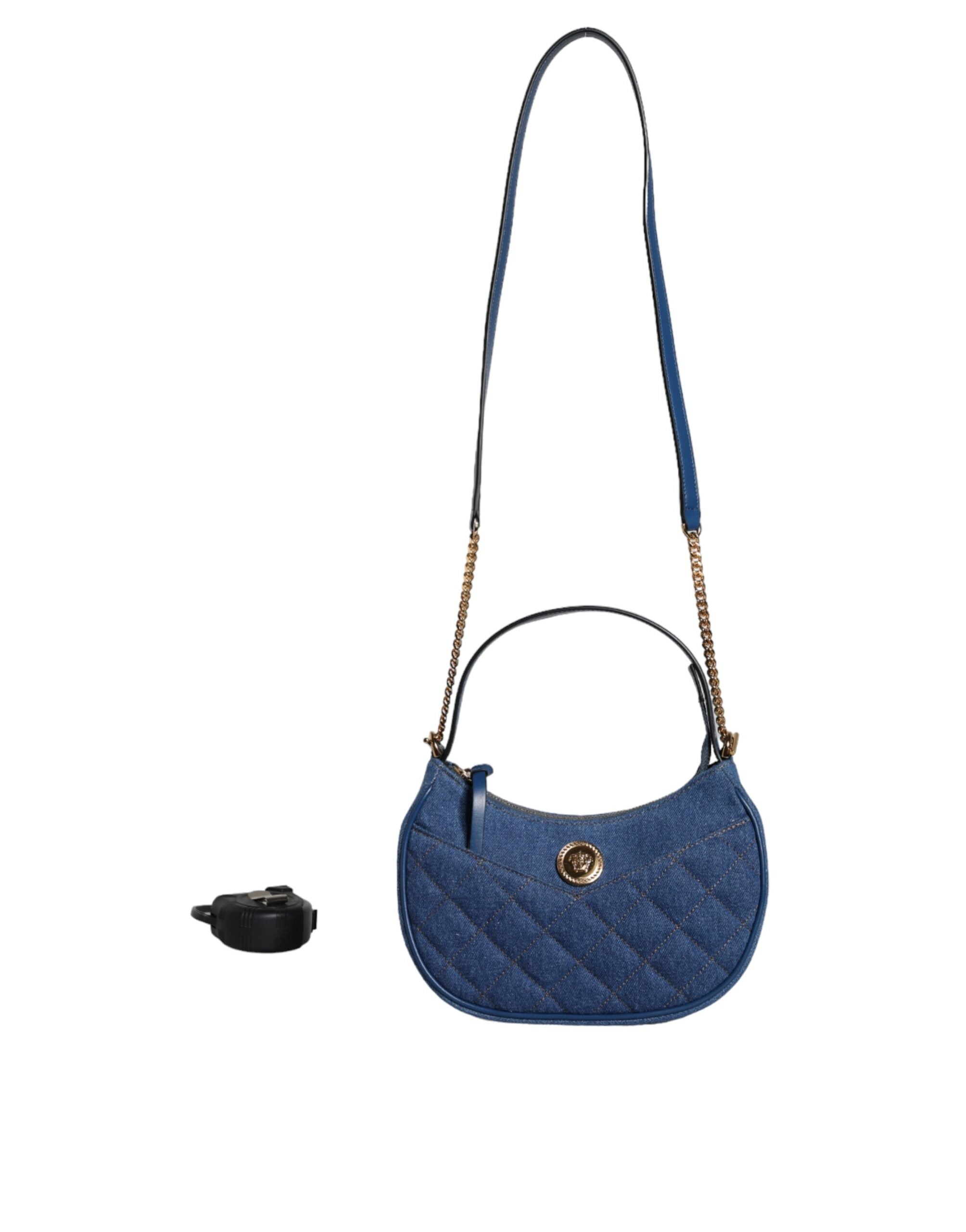 Versace – Schultertasche aus gestepptem Denim-Leder mit Tragegriff in Blau