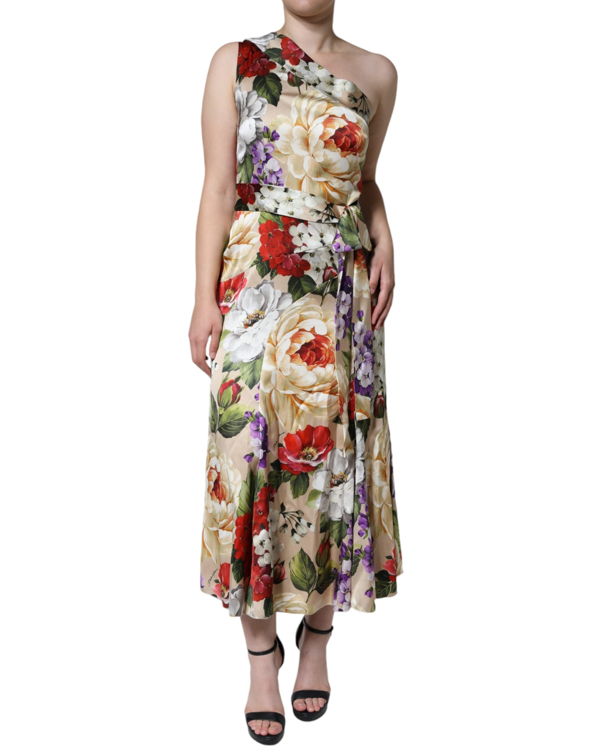 Robe asymétrique en soie stretch à fleurs multicolores Dolce & Gabbana