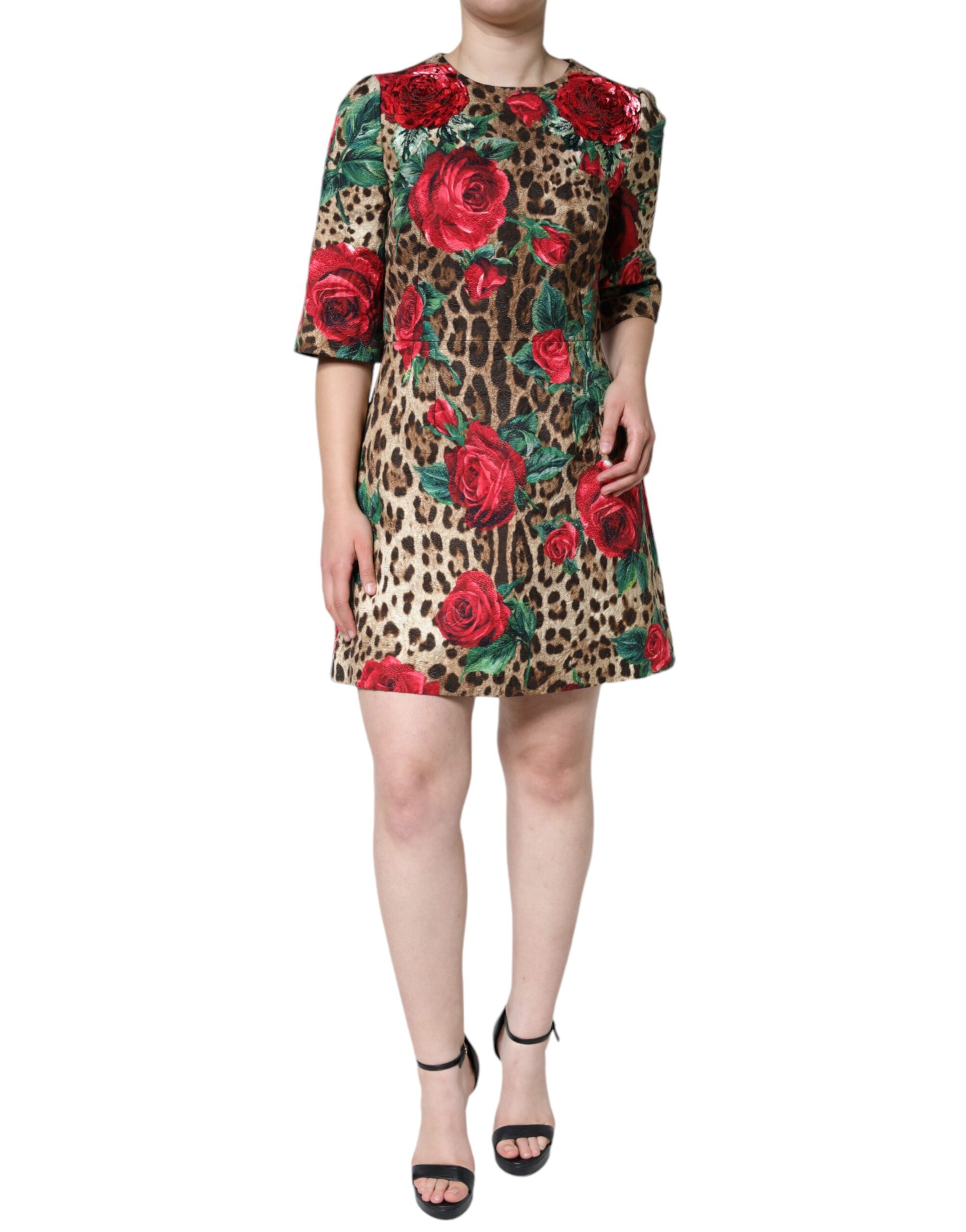 Robe trapèze en coton à imprimé léopard marron et roses rouges Dolce & Gabbana