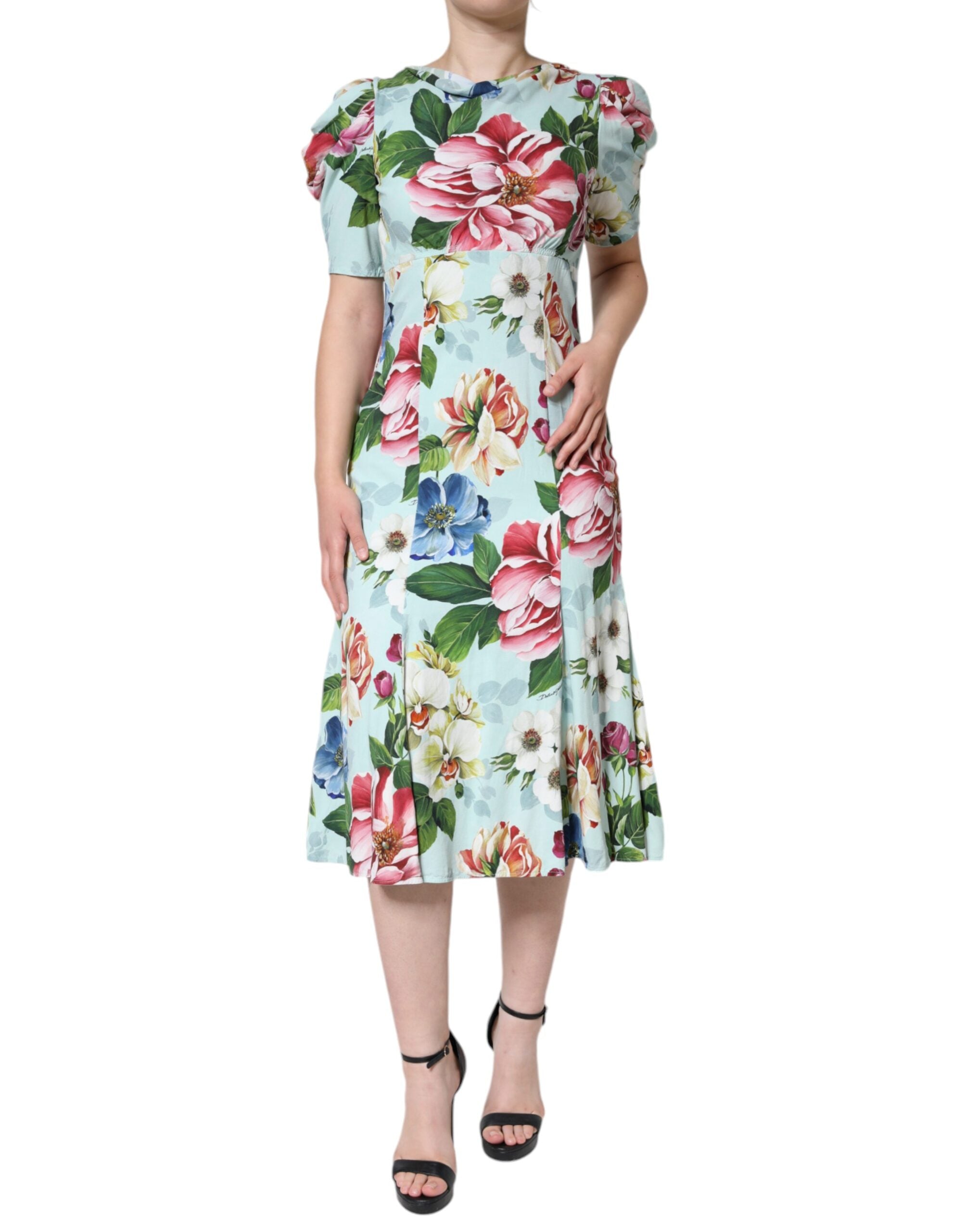 Robe à manches courtes et col rond à imprimé floral vert Dolce & Gabbana