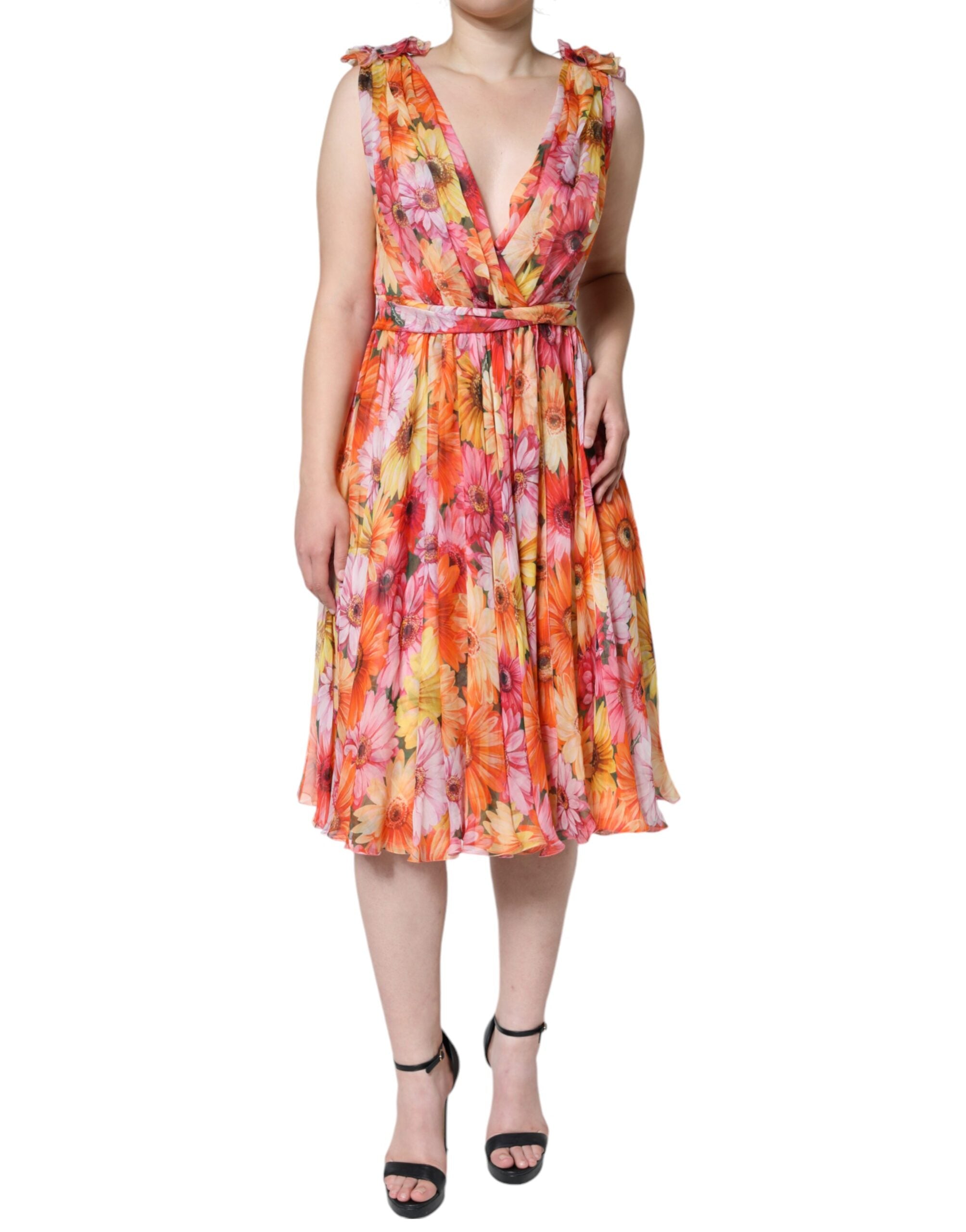 Robe mi-longue à col en V sans manches à imprimé floral multicolore Dolce & Gabbana