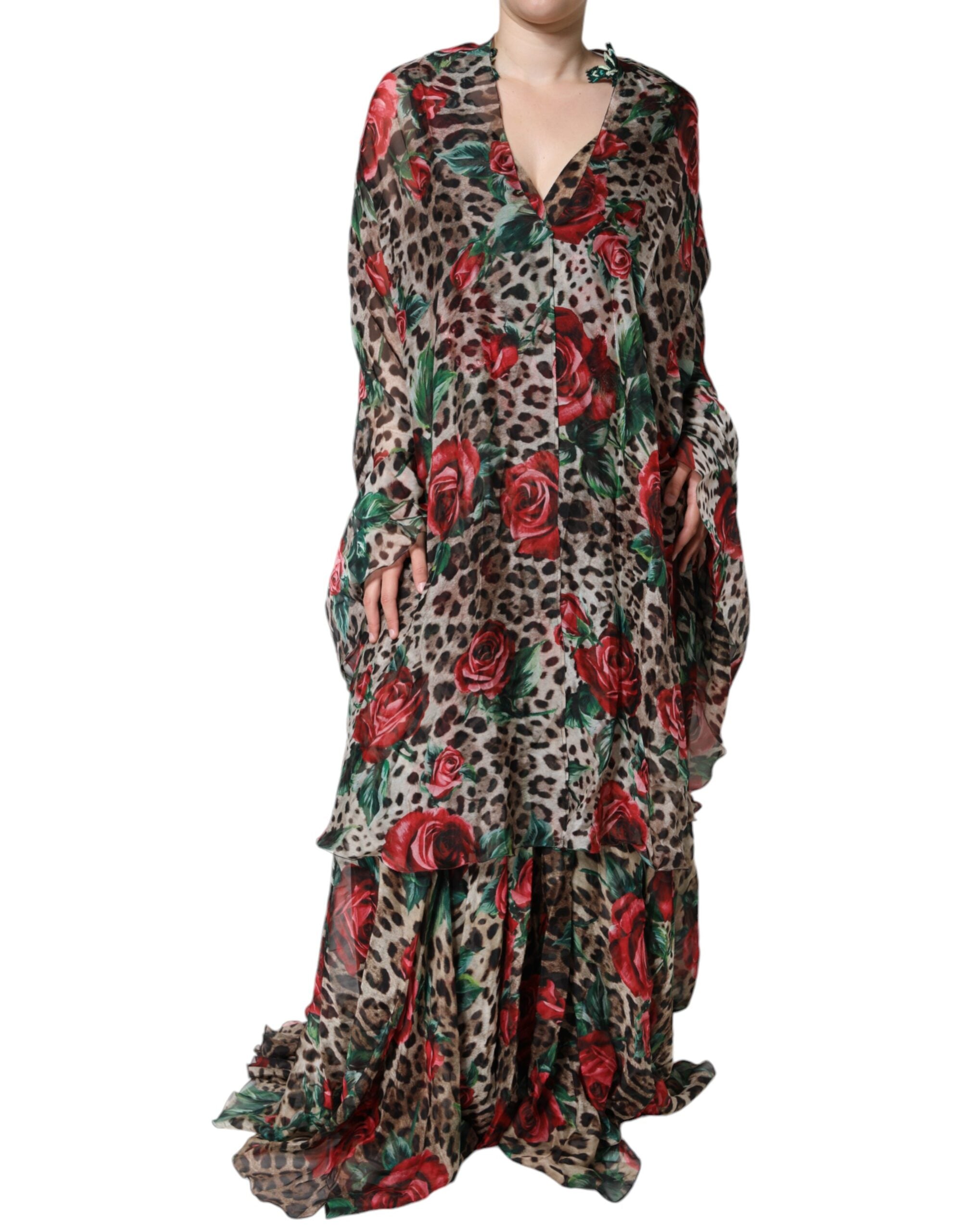 Robe longue en soie à imprimé léopard marron et roses rouges Dolce & Gabbana