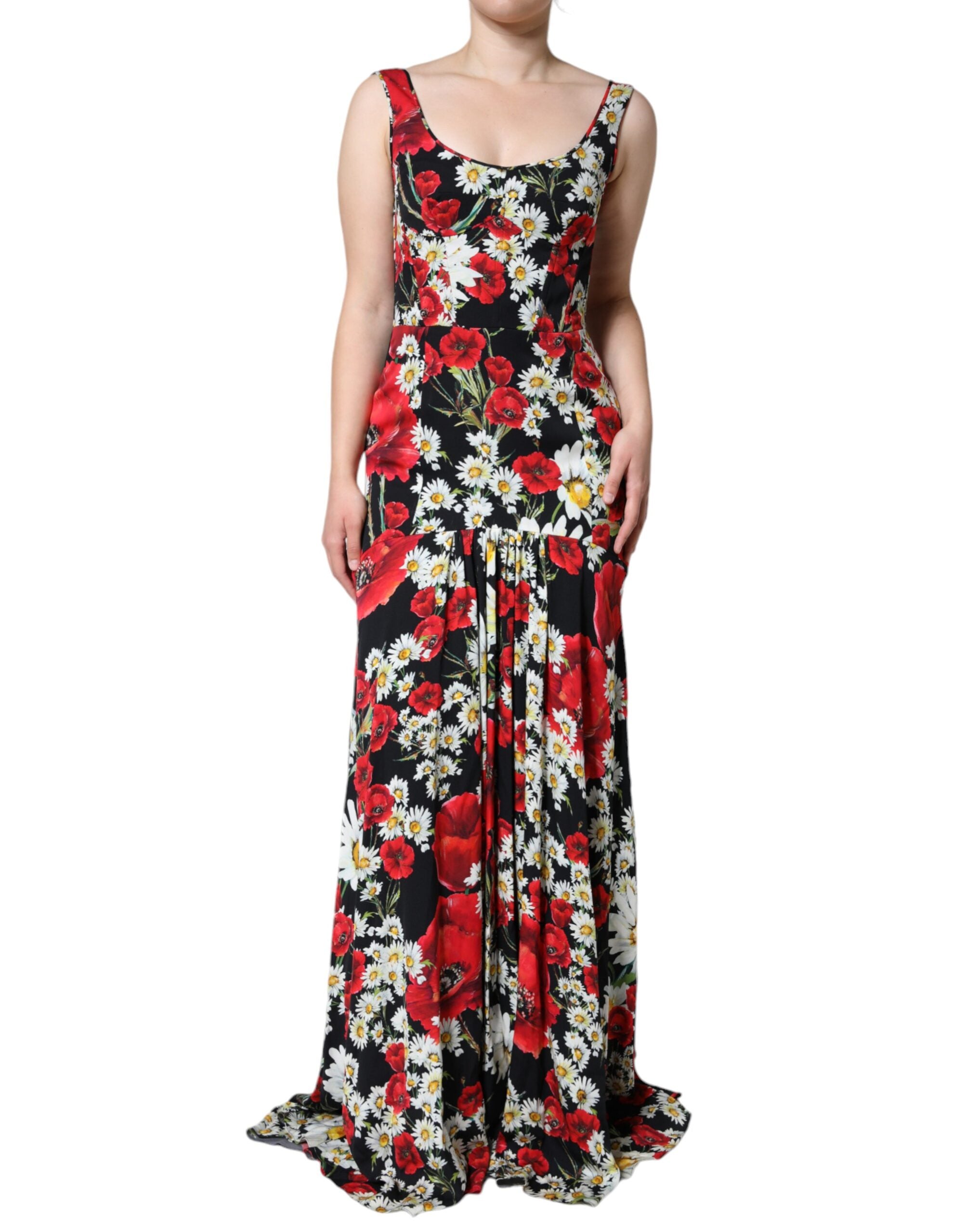 Robe longue sans manches en soie à fleurs noires Dolce & Gabbana