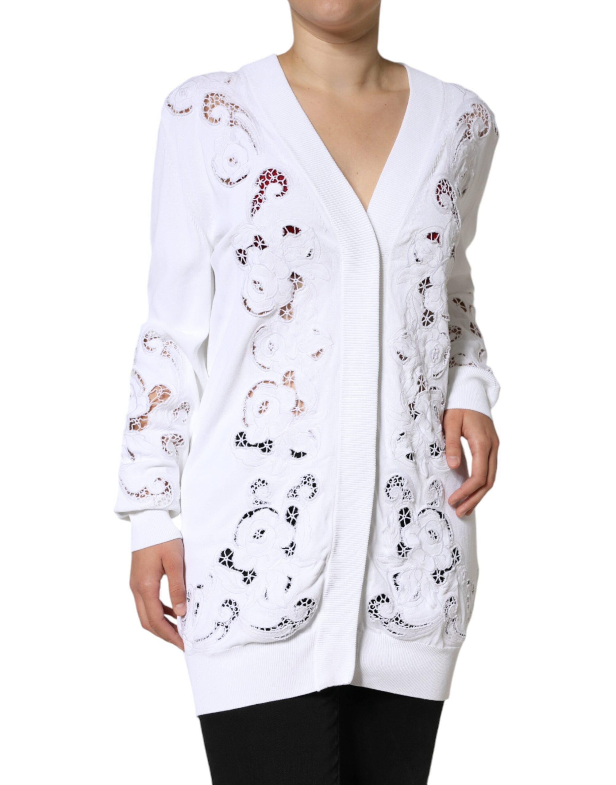 Dolce & Gabbana – Weißer Cardigan aus Viskose mit Blumenmuster und Cut-Outs