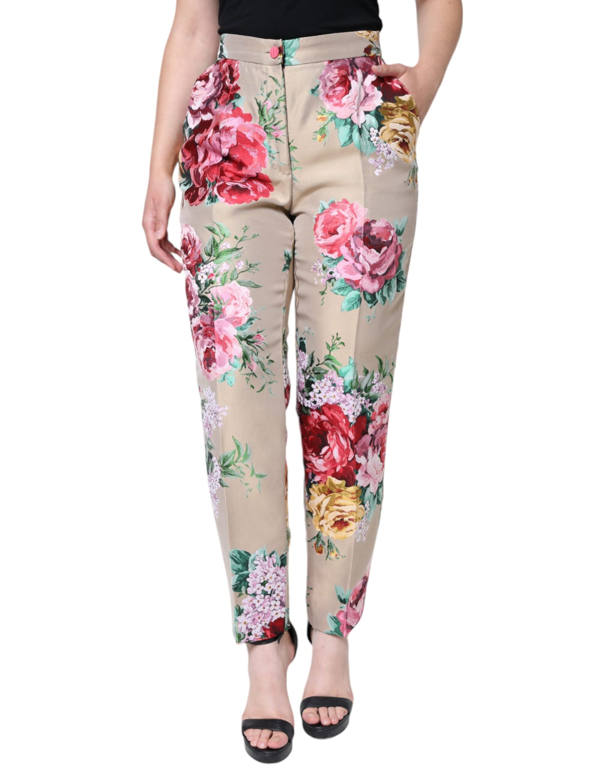 Dolce & Gabbana – Karottenhose mit hohem Bund und Blumenmuster in Beige, Jacquard-Optik