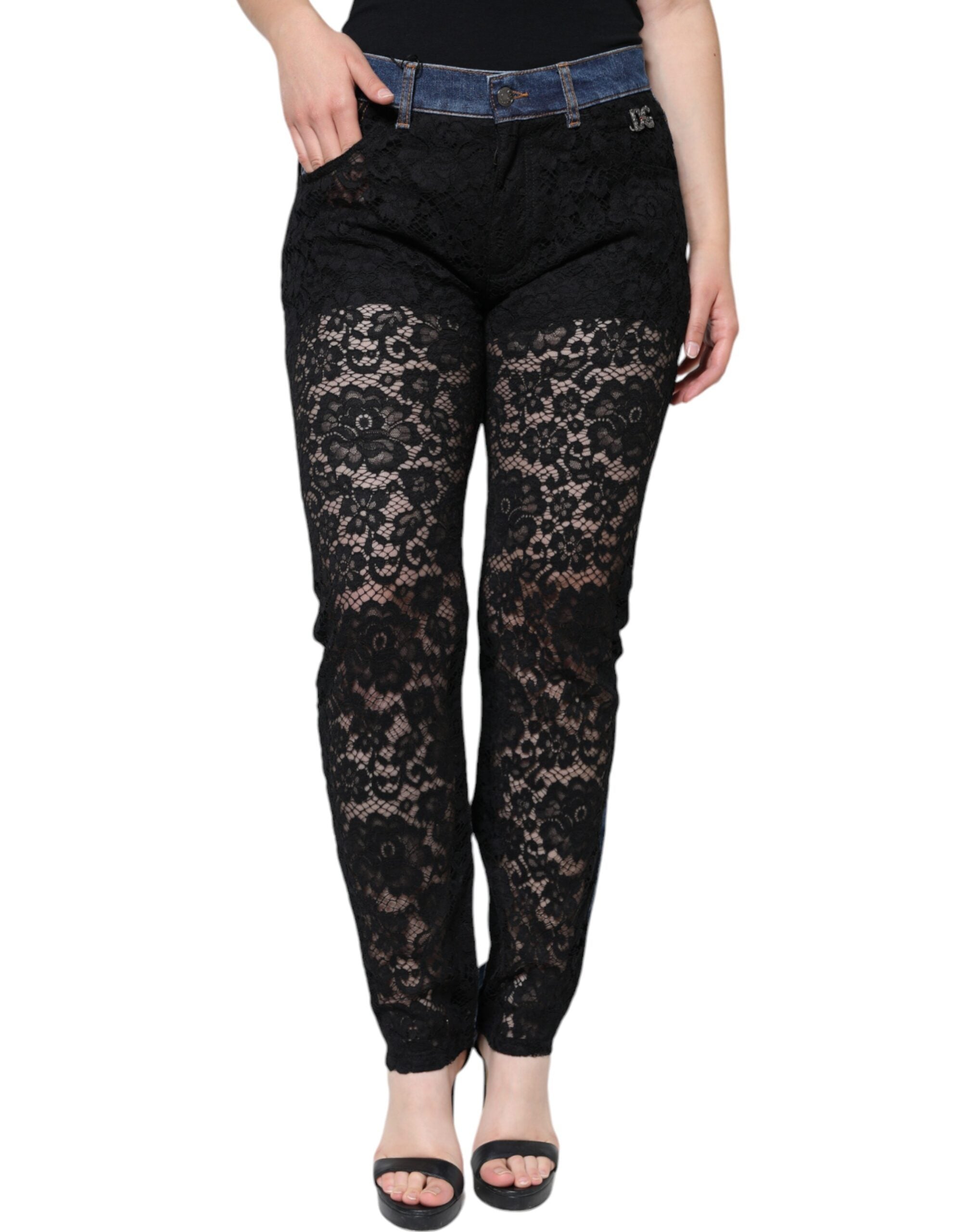 Dolce & Gabbana – Schwarze Skinny-Jeans mit Blumenmuster und Spitzenfront