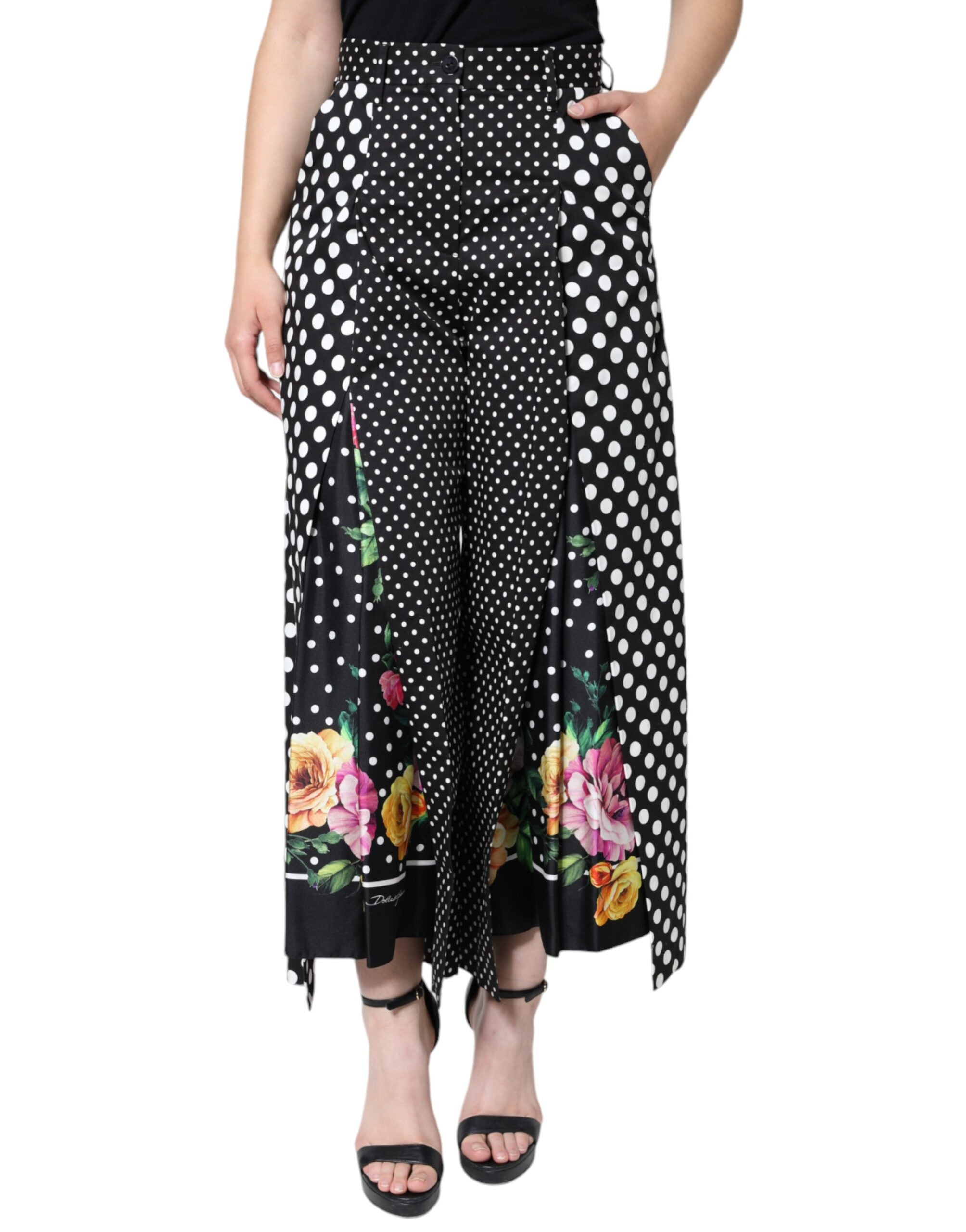 Dolce & Gabbana – Schwarze Patchwork-Hose mit hoher Taille und weitem Bein