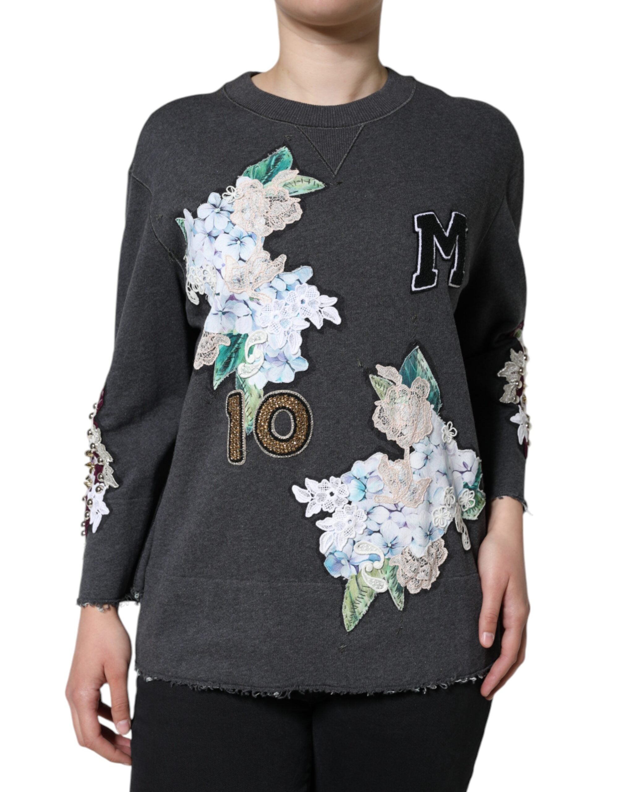 Dolce & Gabbana Grauer Collegepullover mit Blumenmuster und Nieten in Hortensie-Optik