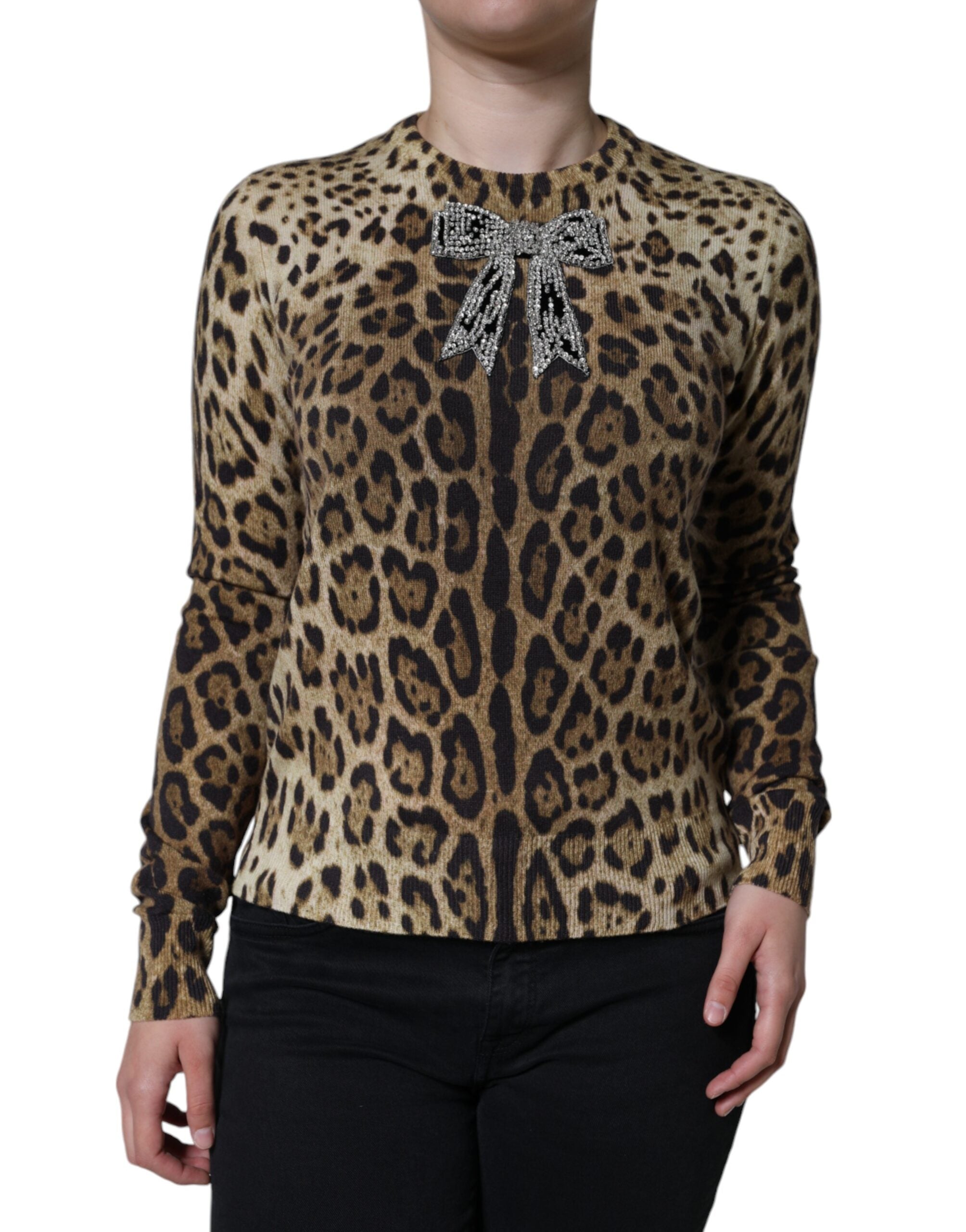 Dolce & Gabbana – Langärmliger Pullover mit Leopardenverzierung in Braun