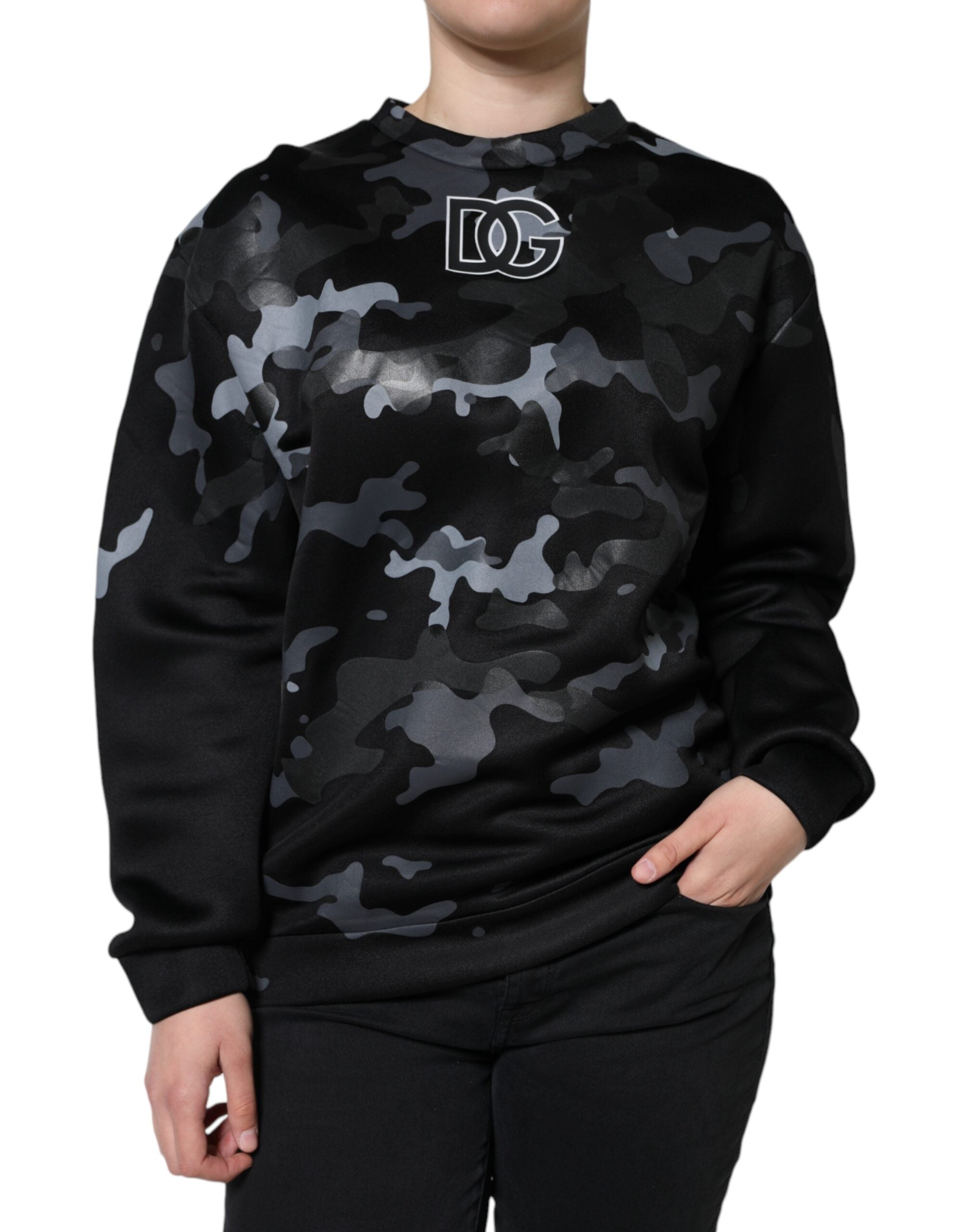 Dolce & Gabbana – Sweatshirt mit Rundhalsausschnitt und Camouflage-Muster, Schwarz