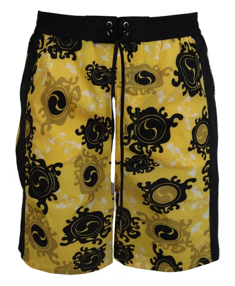 Dsquared² Yellow Black Printed Nylon Beachwear Shorts Swimwear