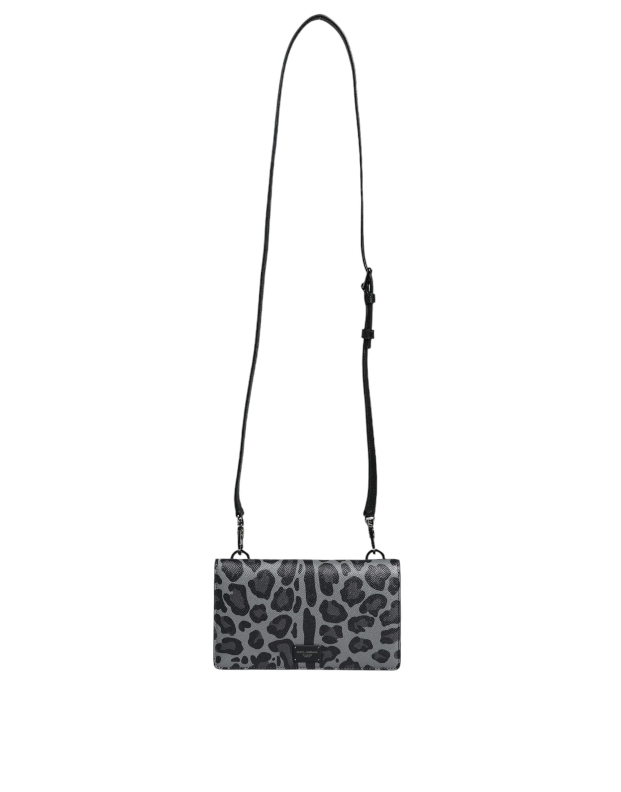 Sac à bandoulière à deux volets en cuir léopard noir et gris Dolce & Gabbana avec fentes pour cartes