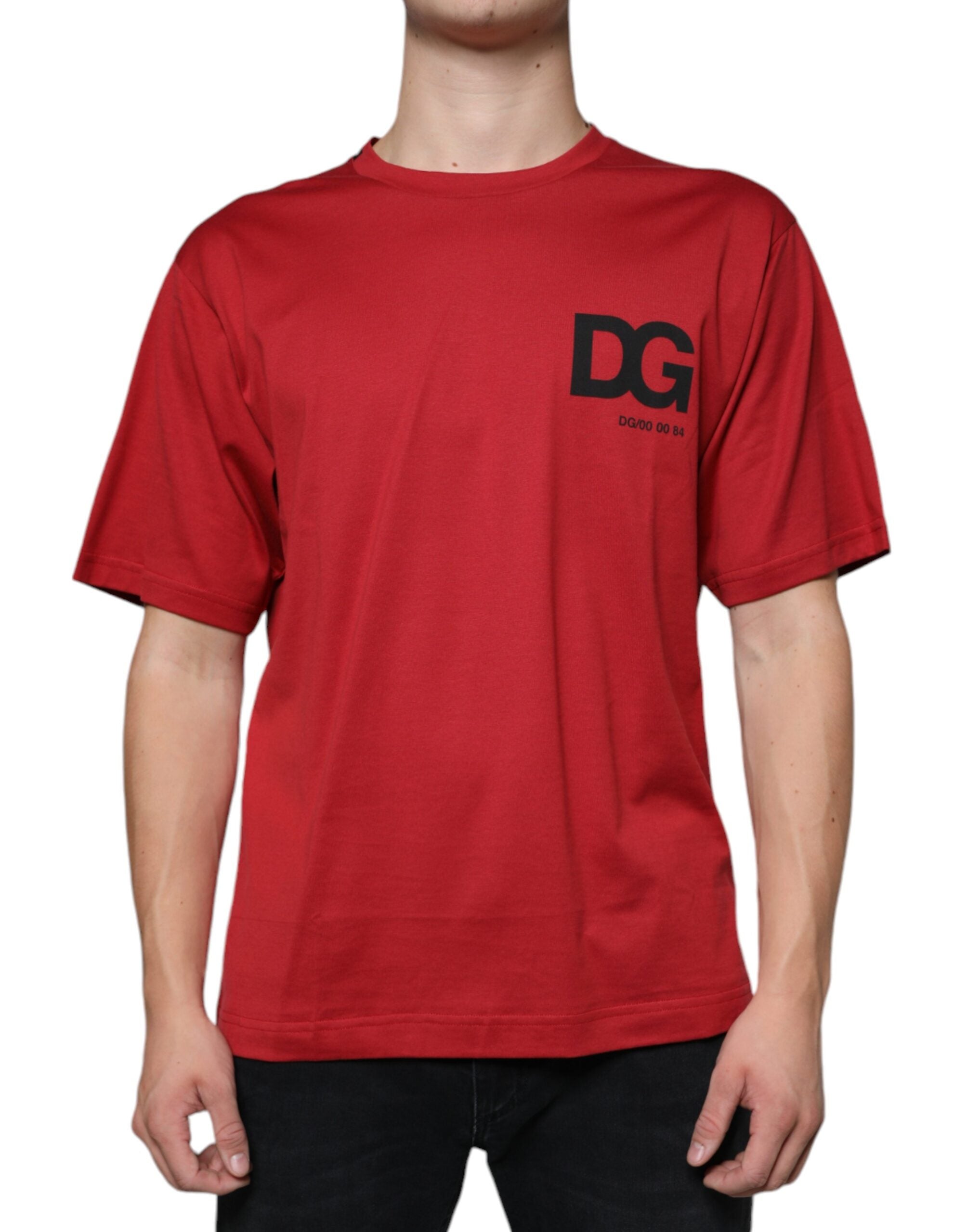 Dolce & Gabbana – Rotes T-Shirt mit Rundhalsausschnitt und DG-Logo-Print aus Baumwolle