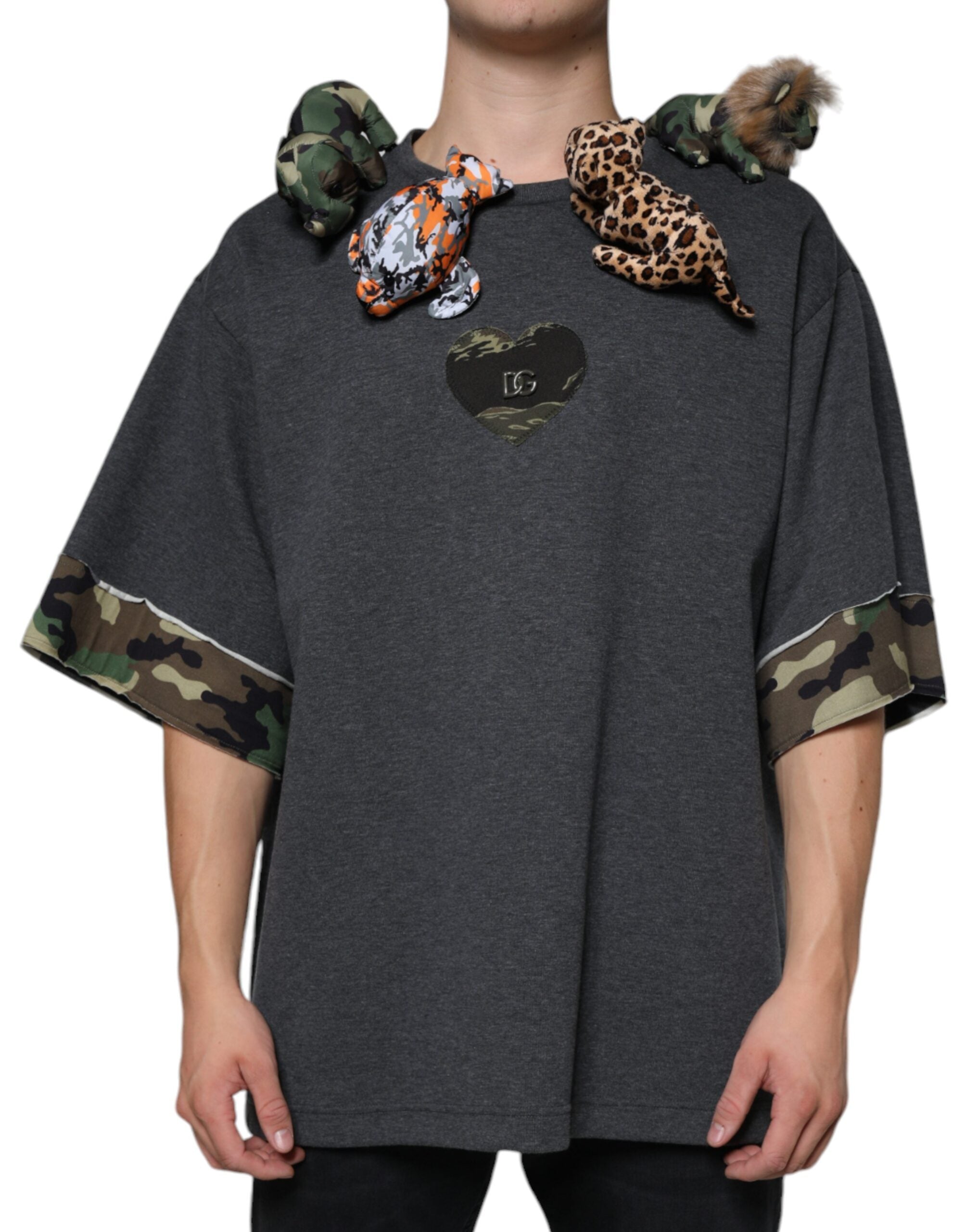 Dolce & Gabbana Graues Camouflage-T-Shirt aus Baumwolle mit Tiermotiv